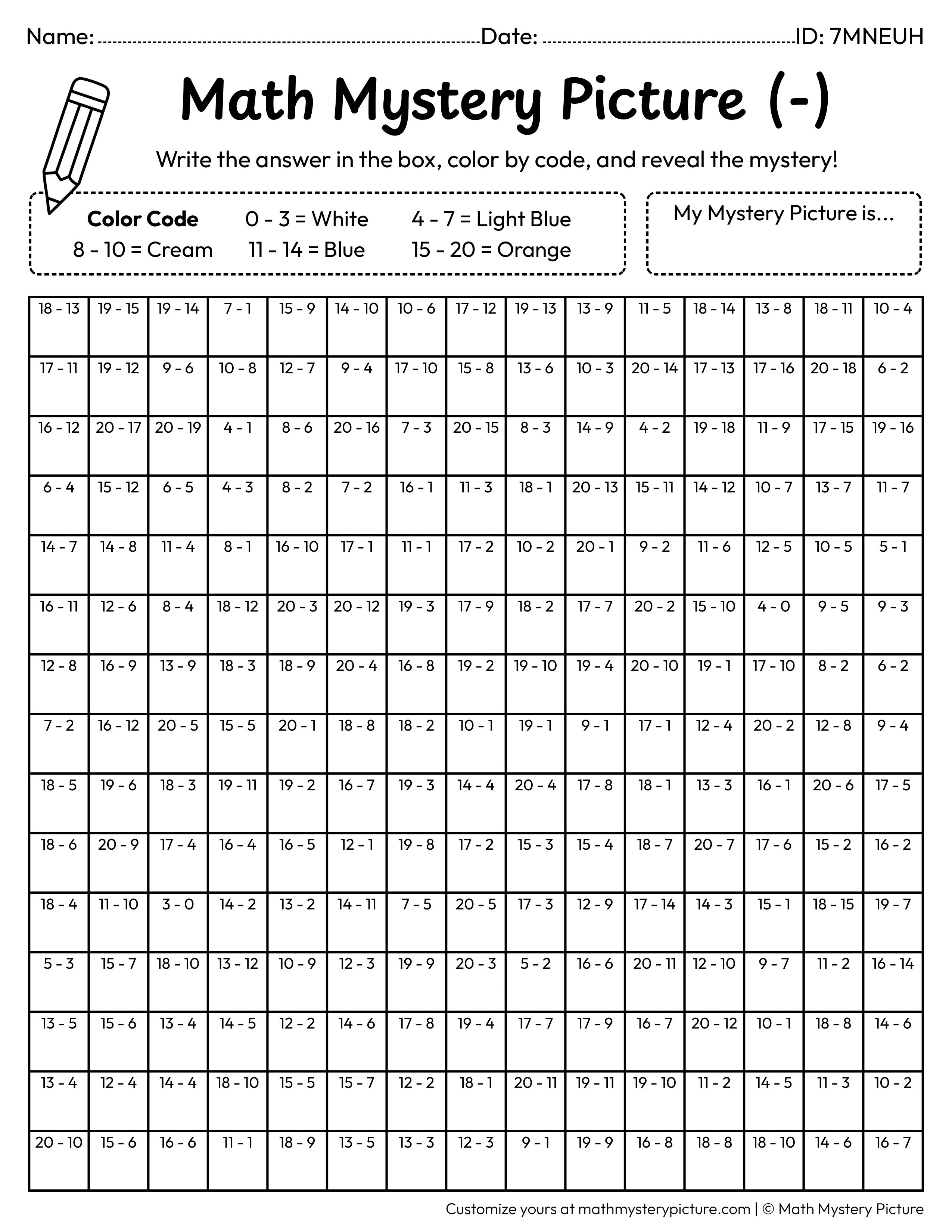 Summer Beach Umbrella Subtraction Within 20 Math Mystery Picture Coloring Worksheet