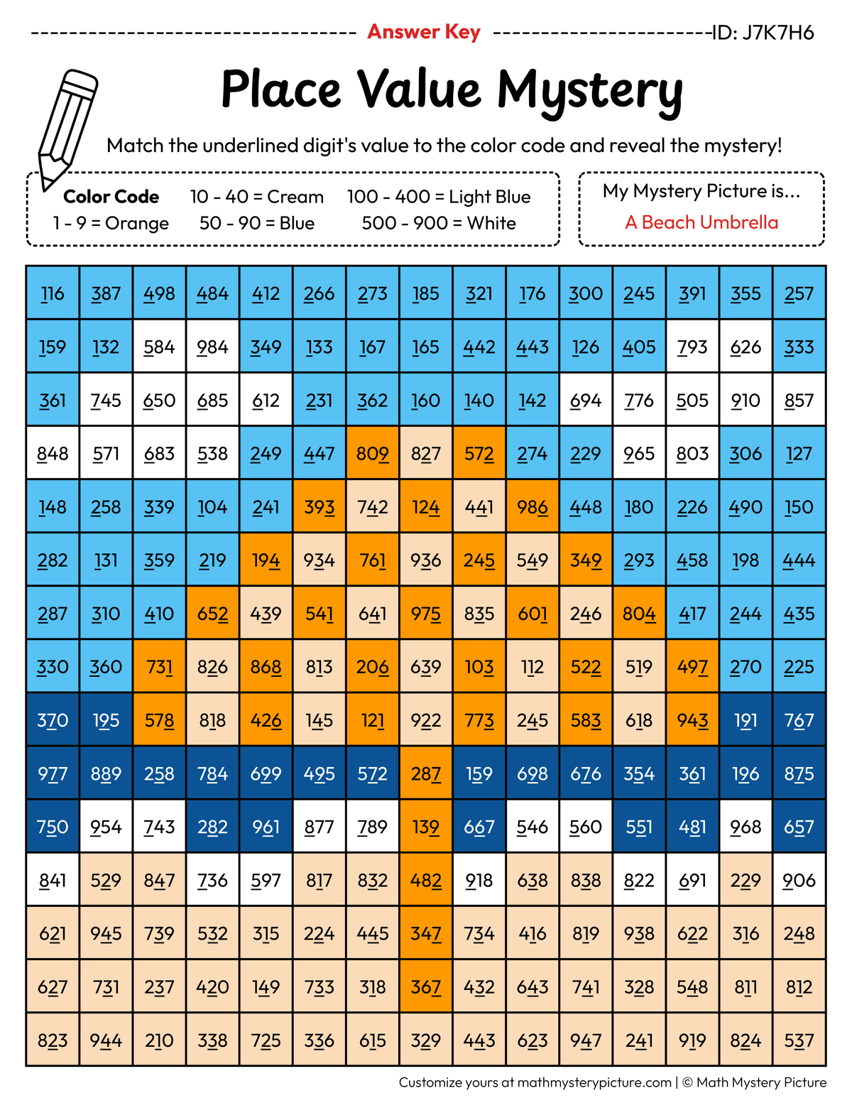 Summer Beach Umbrella Value of Underlined Digit Math Mystery Picture Color by Number Answer Key