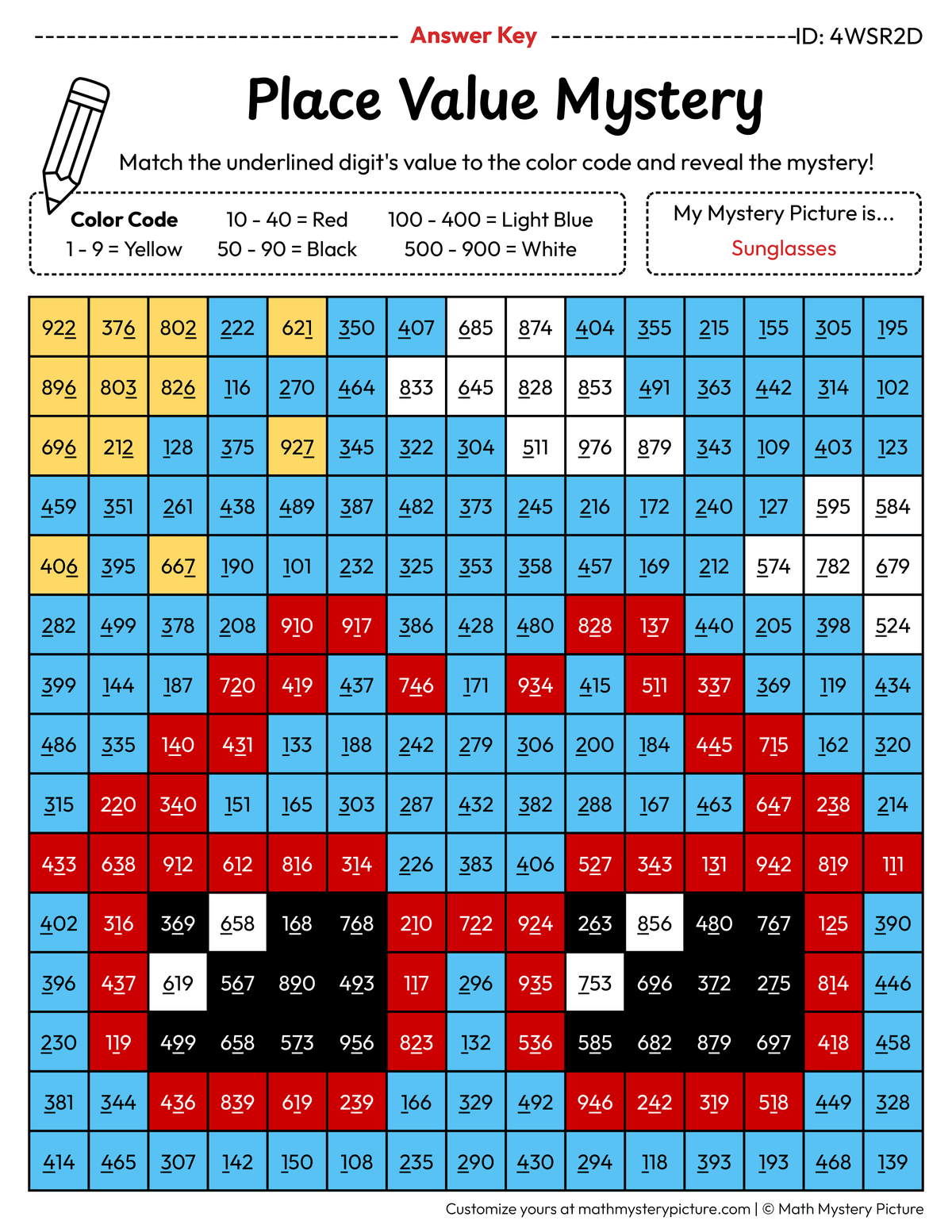 Summer Sunglasses Value of Underlined Digit Math Mystery Picture Color by Number Answer Key