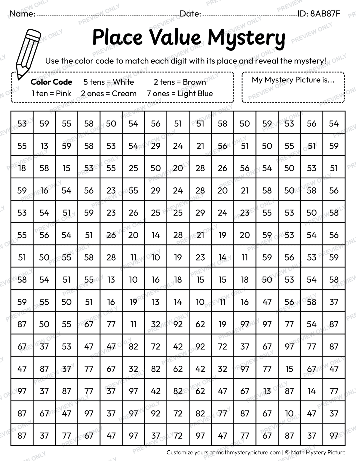 Ice Cream Cone 2-digit Place Value Math Mystery Picture Coloring Worksheet