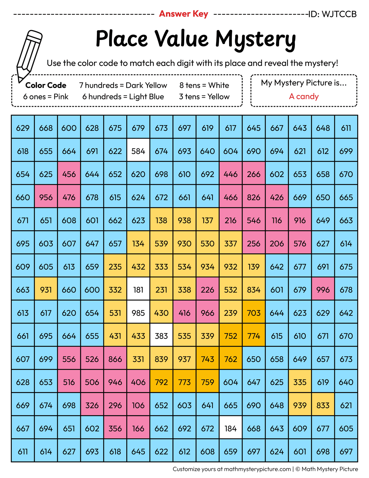 Candy 3-digit Place Value Math Mystery Picture Color by Number Answer Key