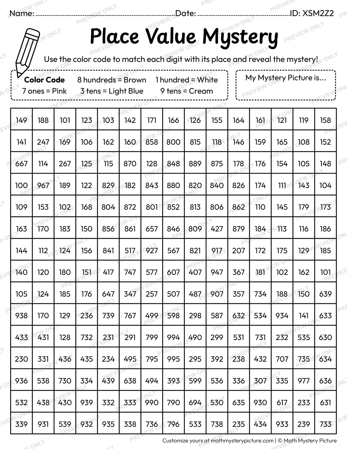 Ice Cream Cone 3-digit Place Value Math Mystery Picture Coloring Worksheet