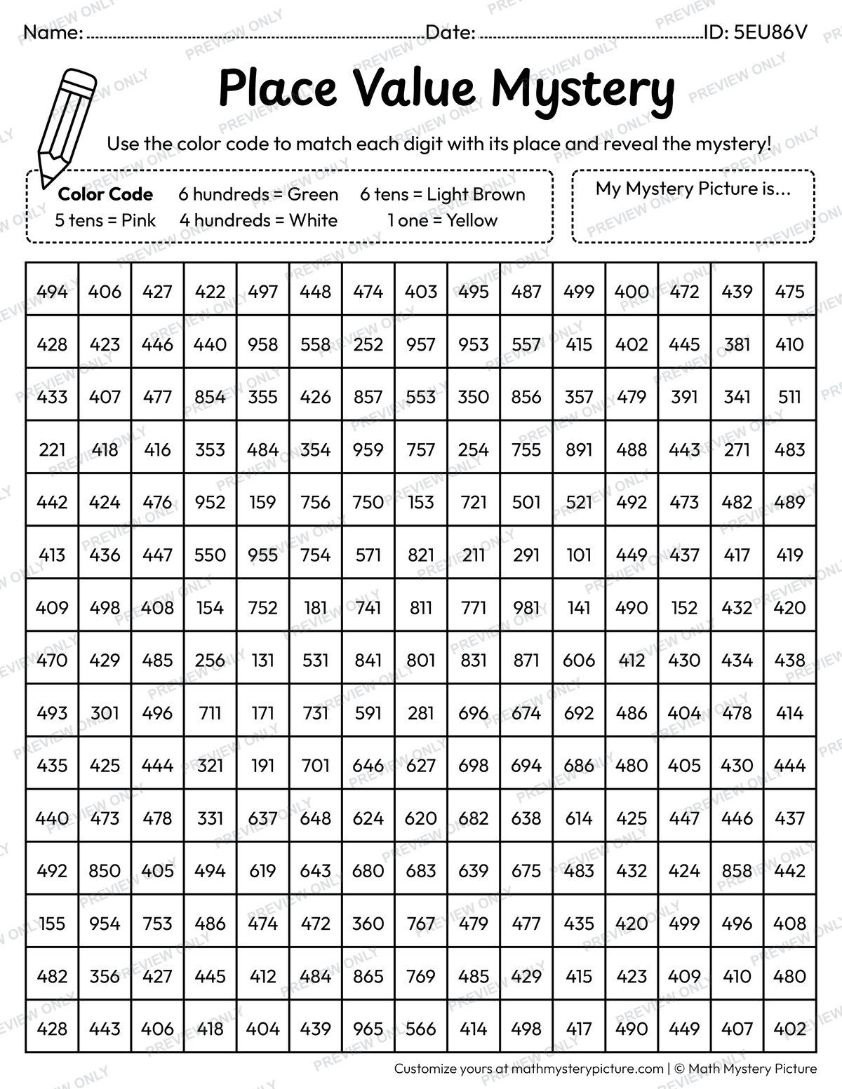 Popsicle 3-digit Place Value Math Mystery Picture Coloring Worksheet