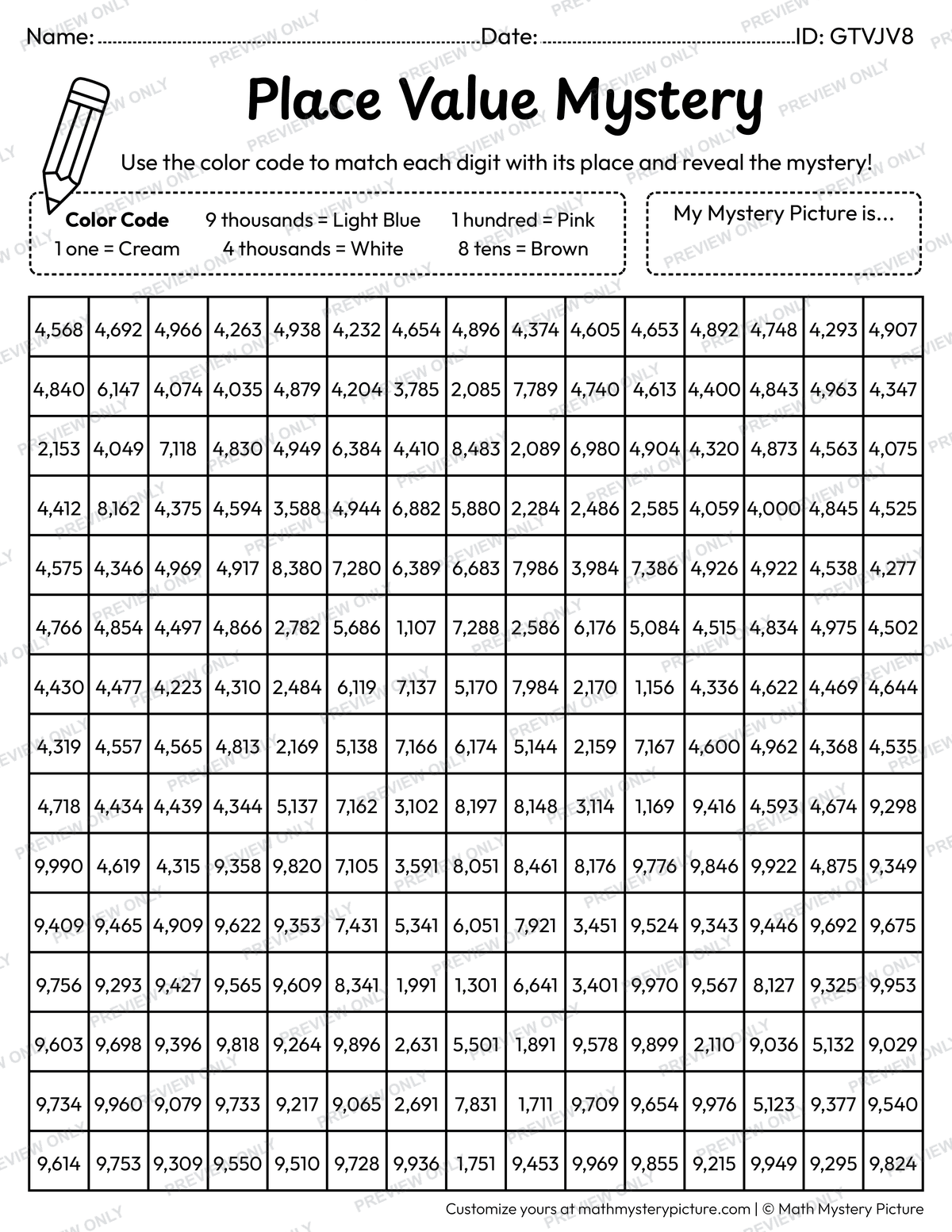 Ice Cream Cone 4-digit Place Value Math Mystery Picture Coloring Worksheet
