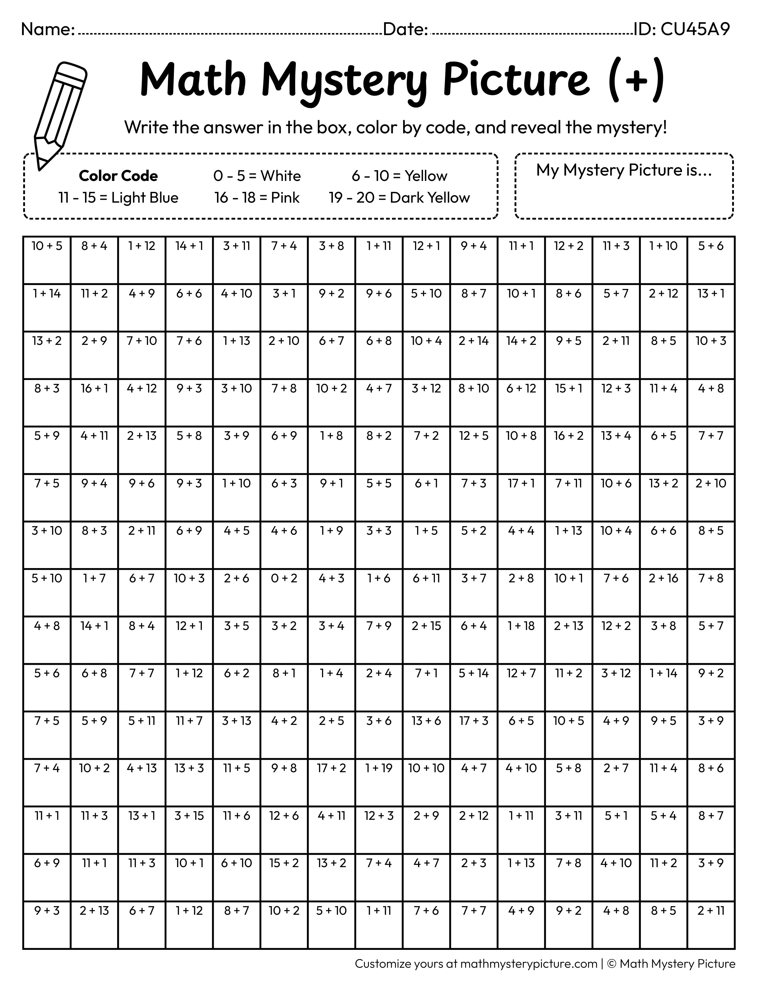 Candy Addition Within 20 Math Mystery Picture Coloring Worksheet