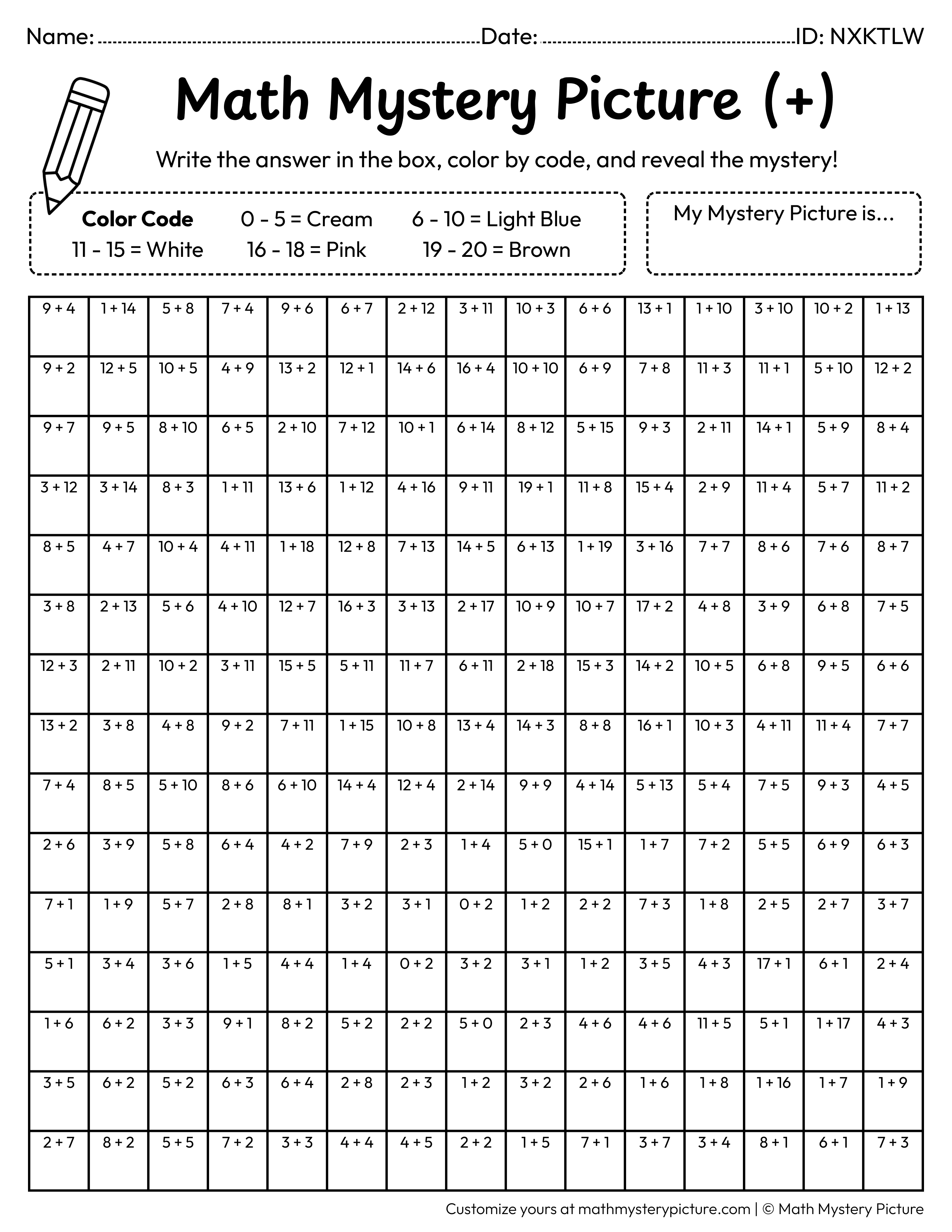 Ice Cream Cone Addition Within 20 Math Mystery Picture Coloring Worksheet