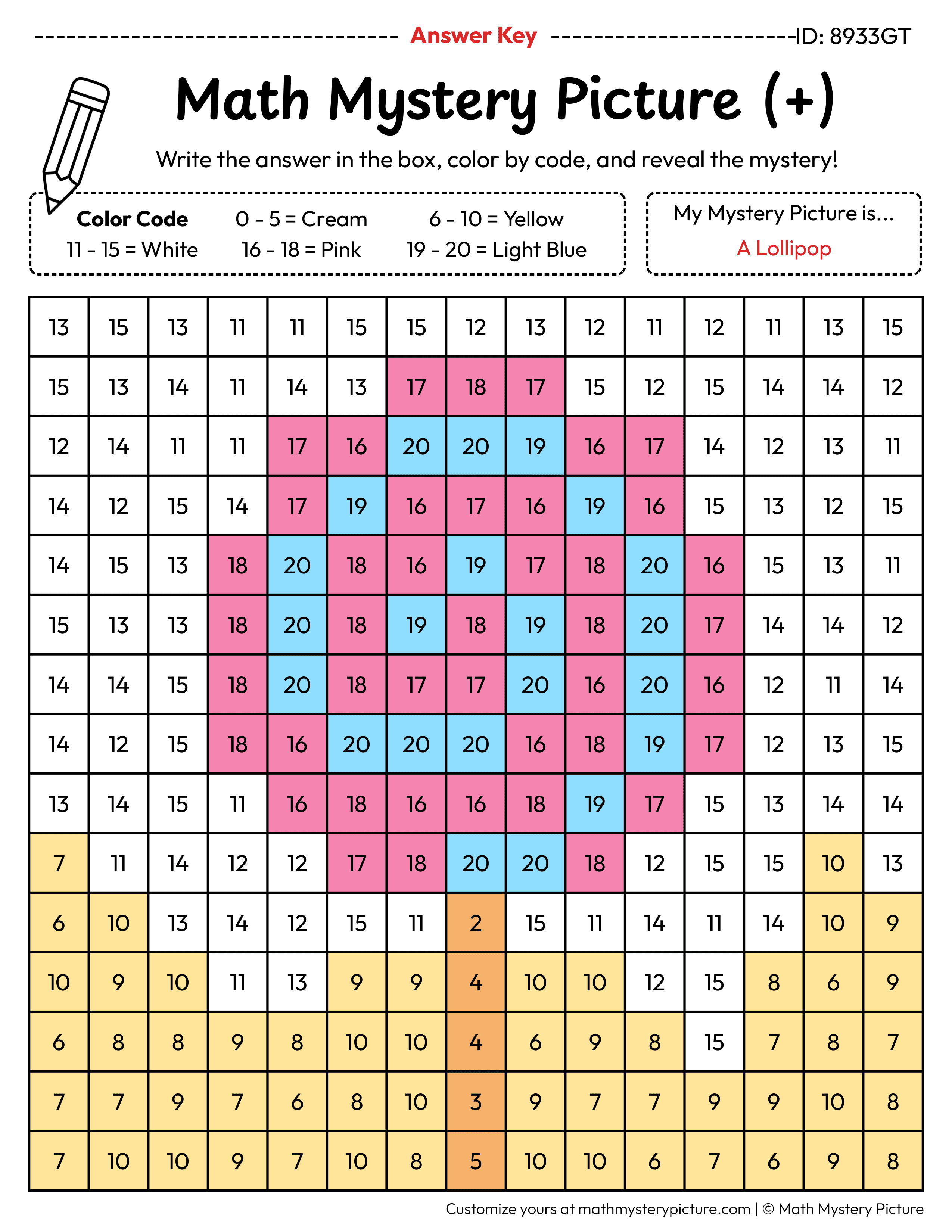 Lollipop Addition Within 20 Math Mystery Picture Color by Number Answer Key