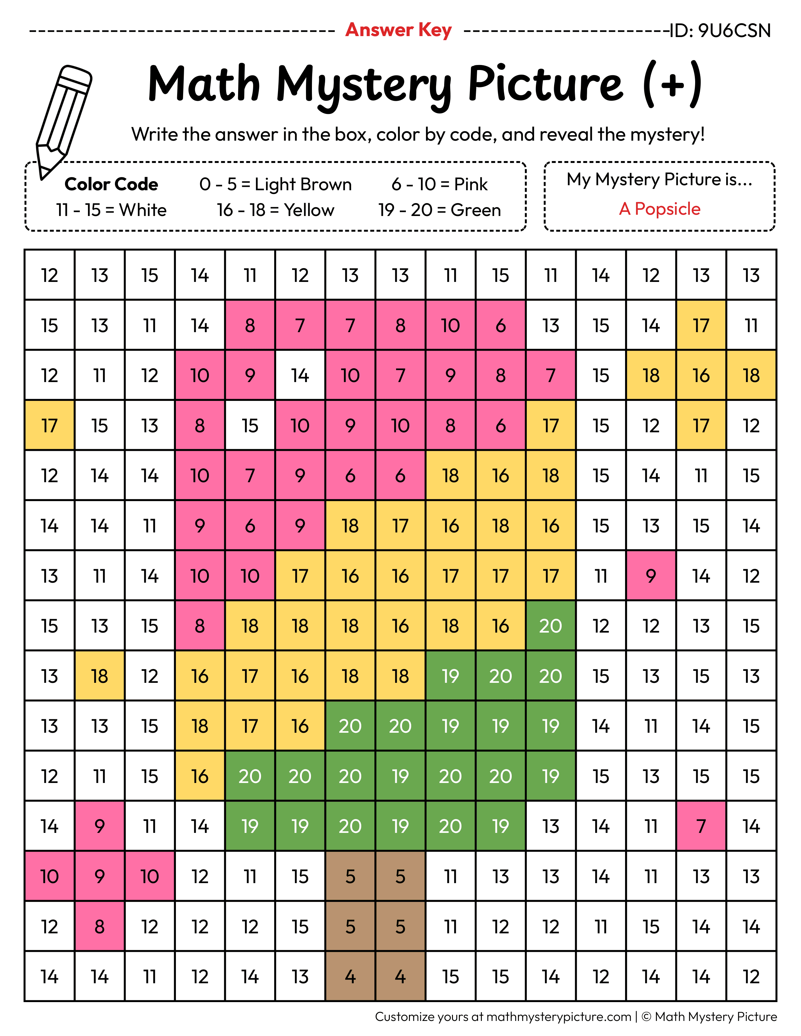 Popsicle Addition Within 20 Math Mystery Picture Color by Number Answer Key