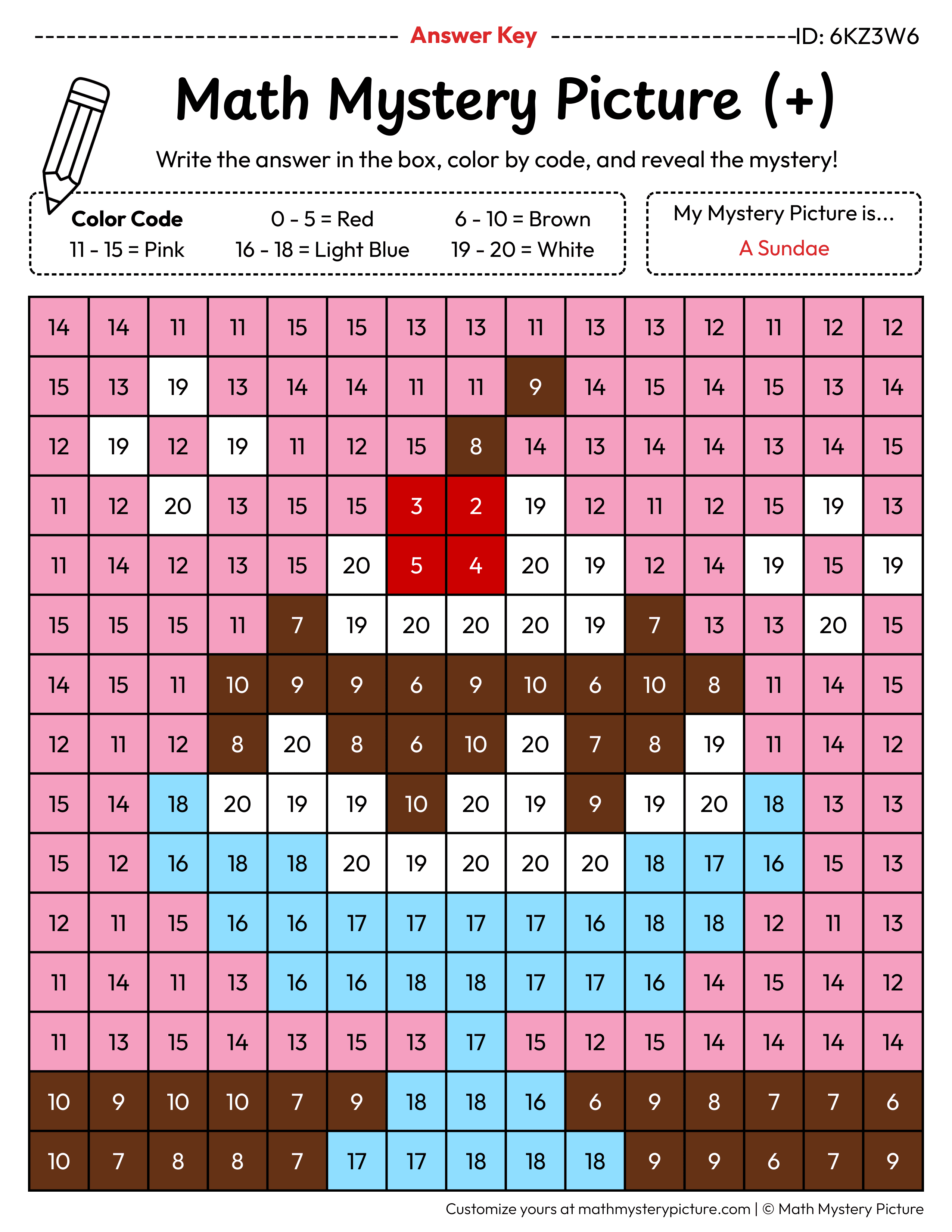 Sundae Addition Within 20 Math Mystery Picture Color by Number Answer Key