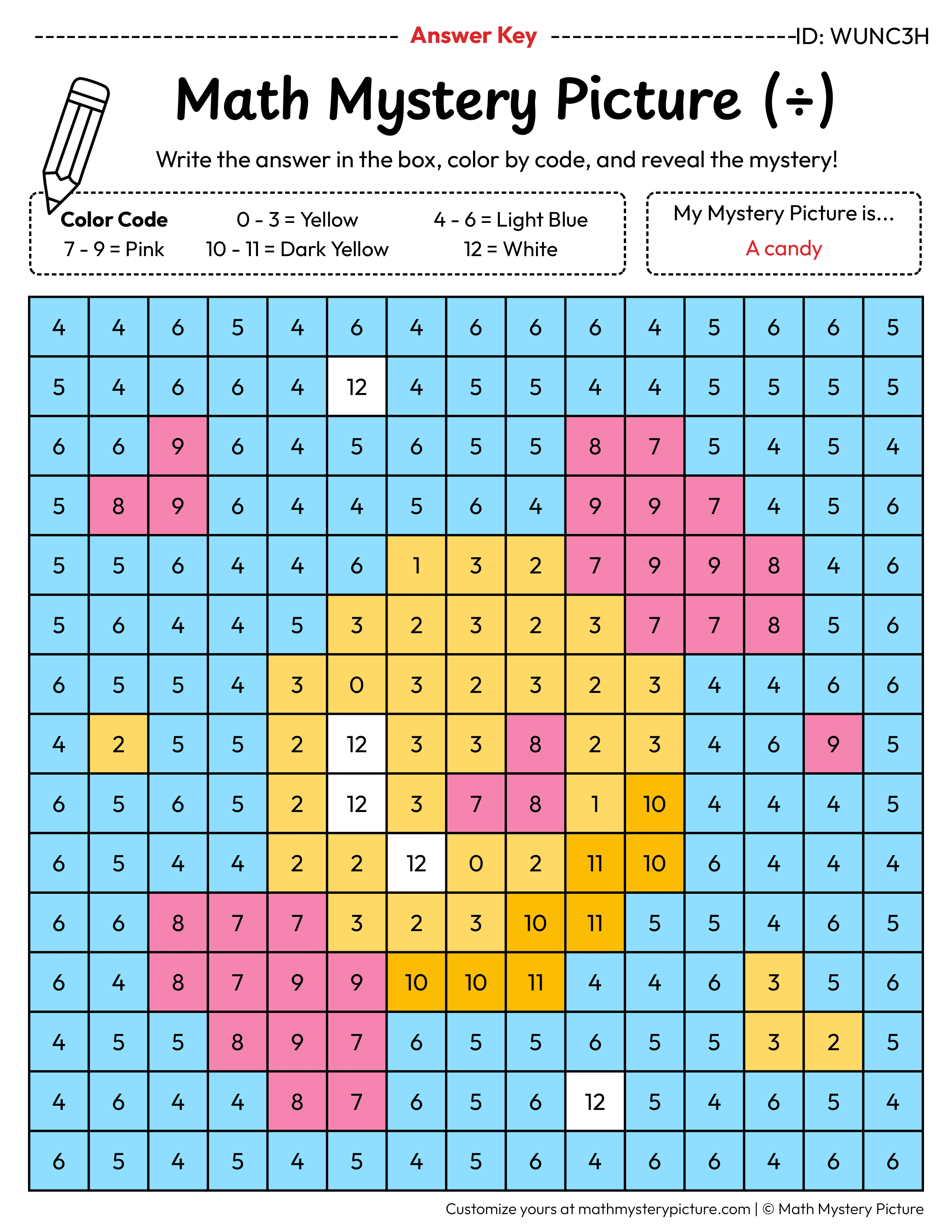 Candy Division Facts Math Mystery Picture Color by Number Answer Key