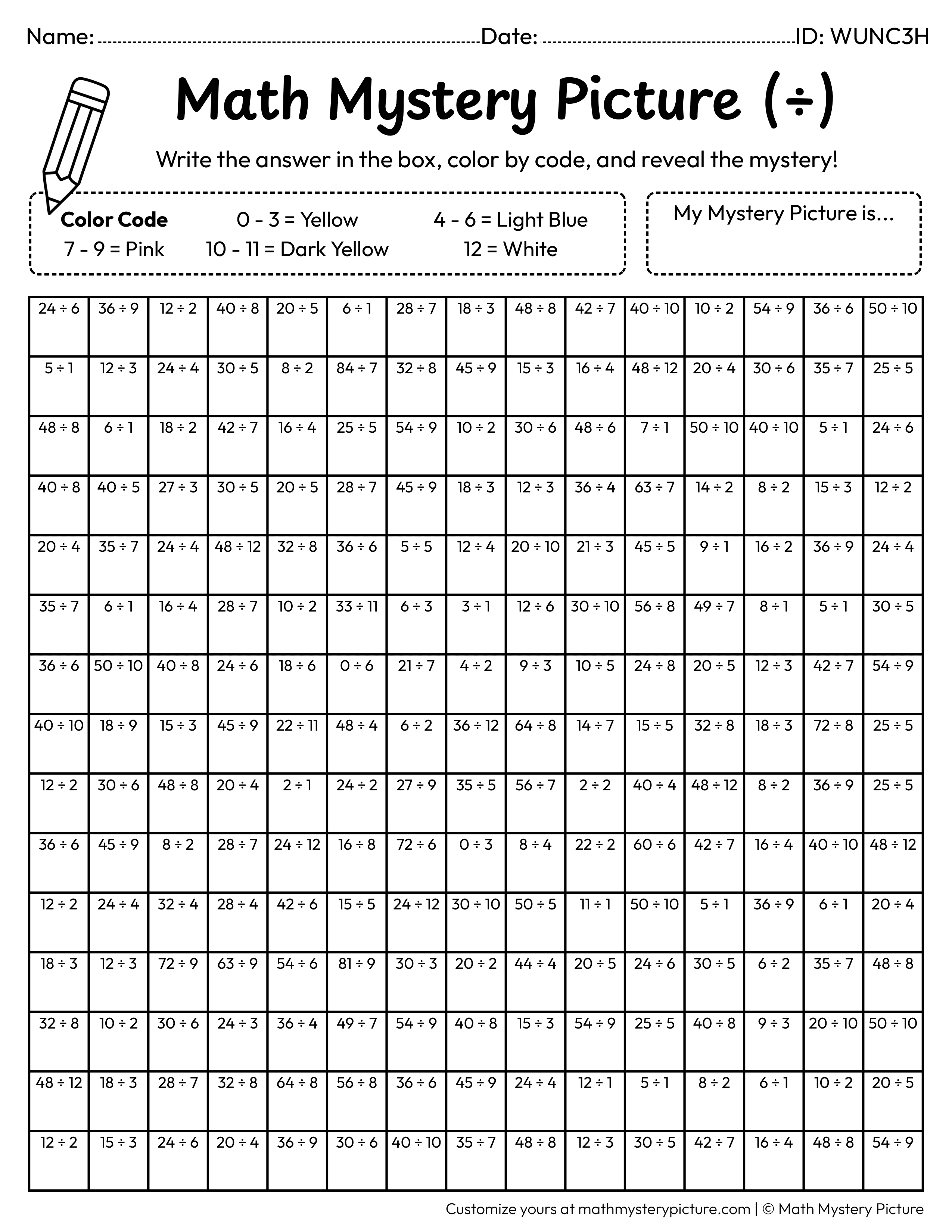Candy Division Facts Math Mystery Picture Coloring Worksheet