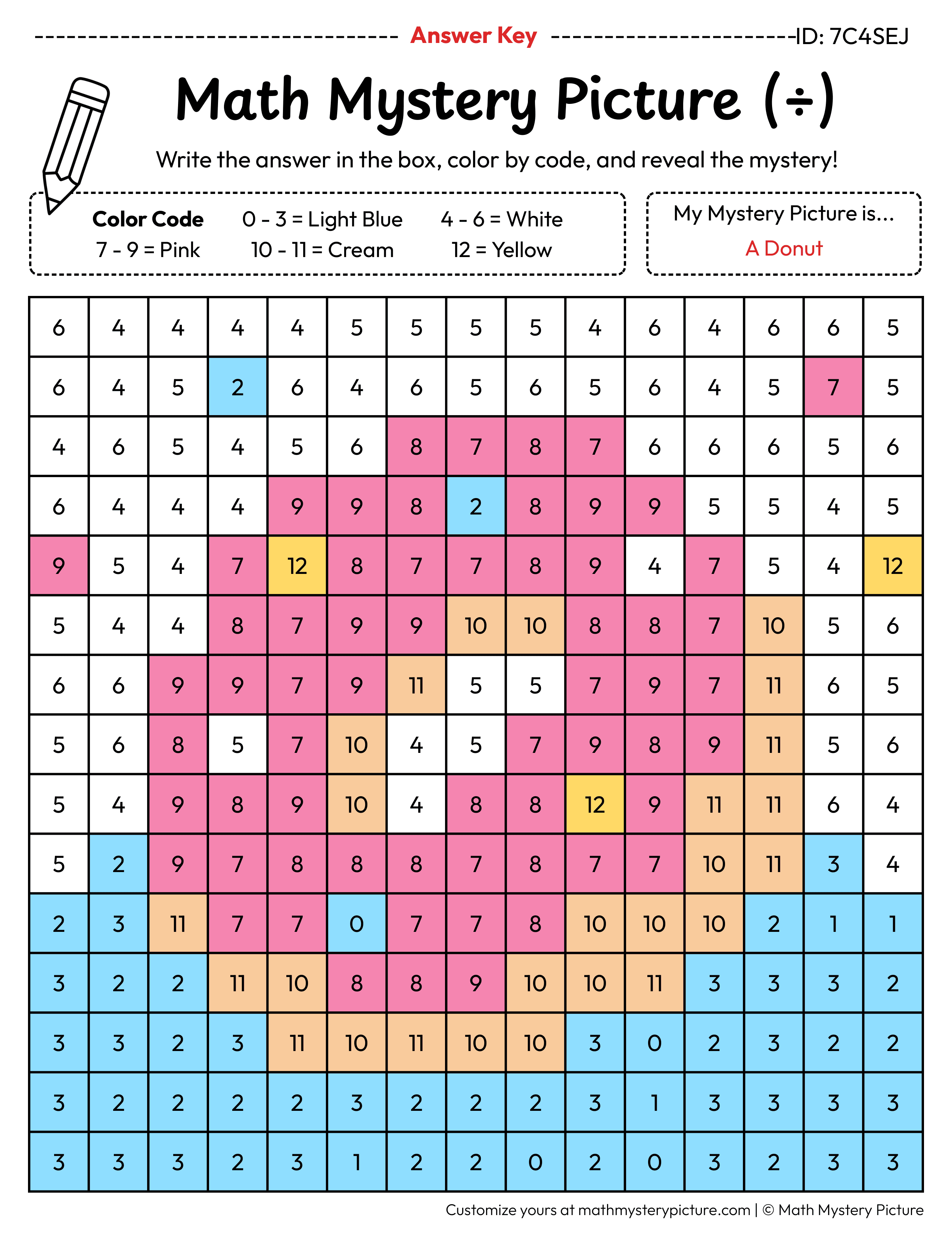 Donut Division Facts Math Mystery Picture Color by Number Answer Key