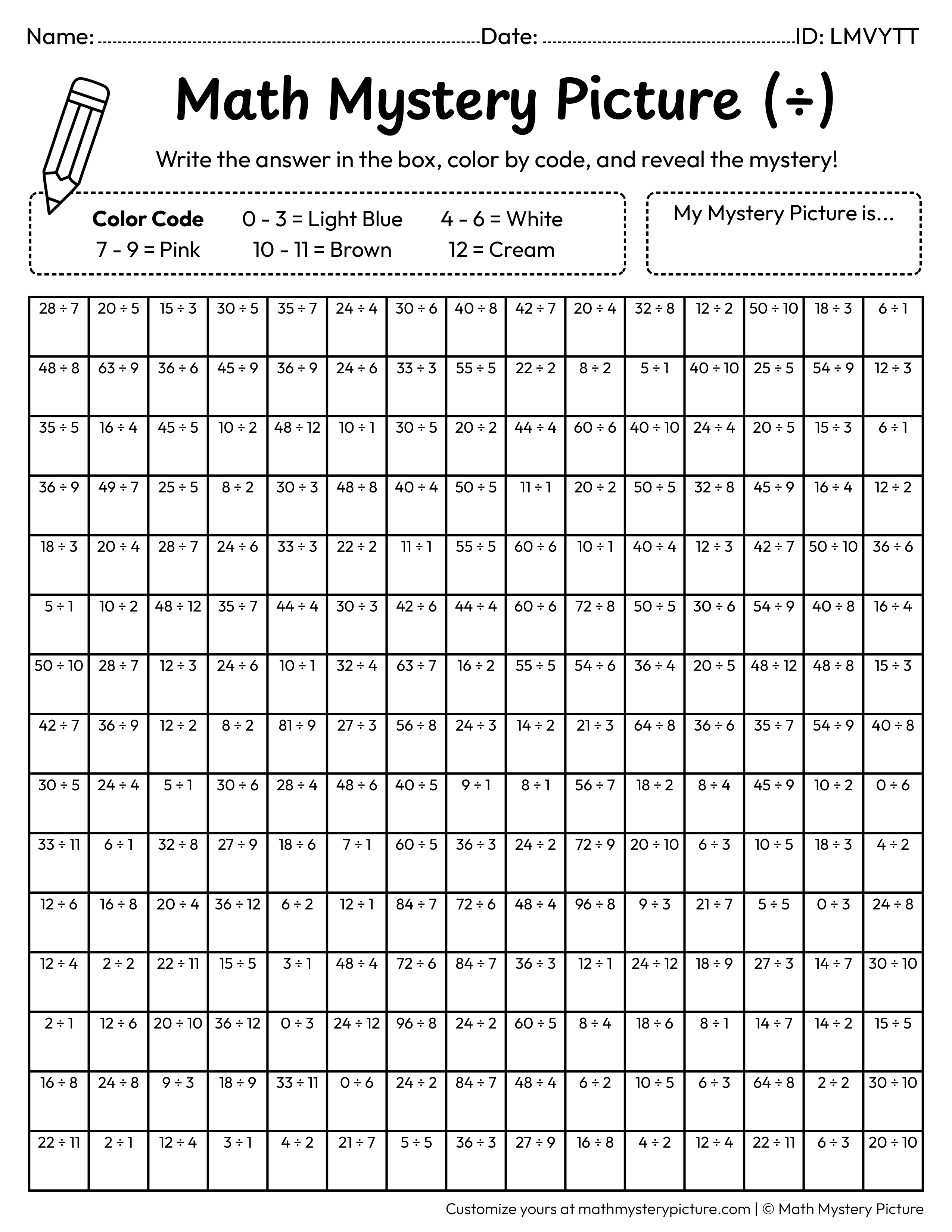 Ice Cream Cone Division Facts Math Mystery Picture Coloring Worksheet