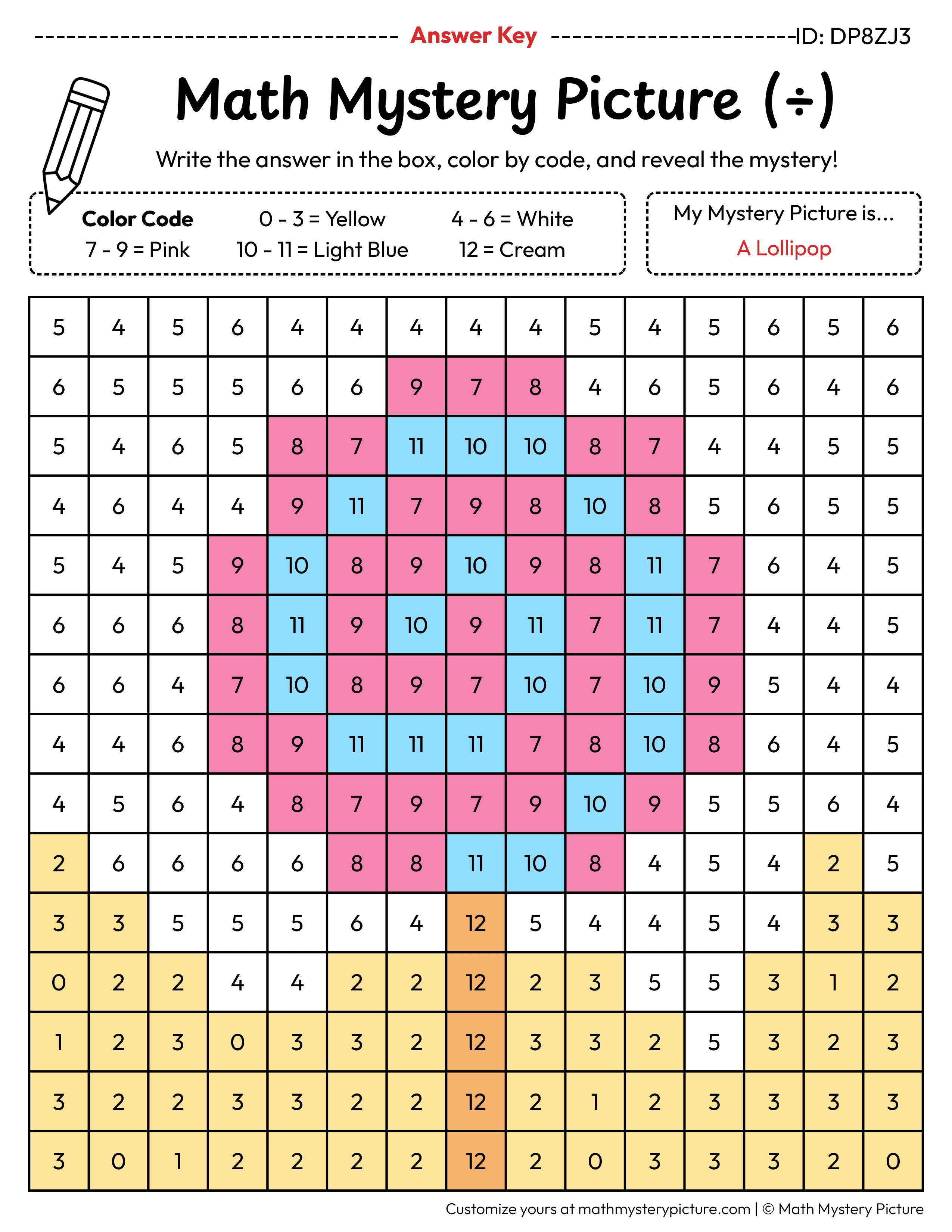 Lollipop Division Facts Math Mystery Picture Color by Number Answer Key