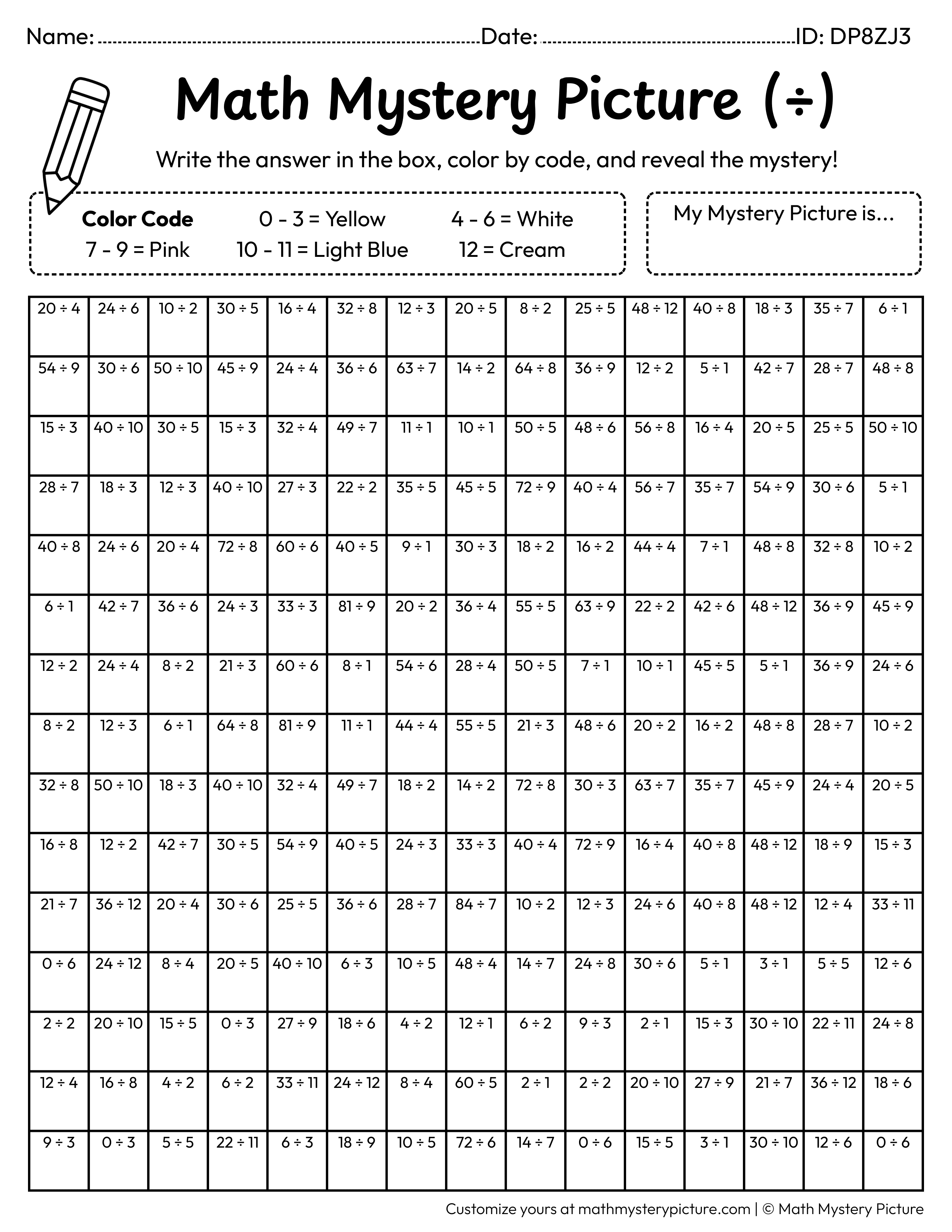 Lollipop Division Facts Math Mystery Picture Coloring Worksheet