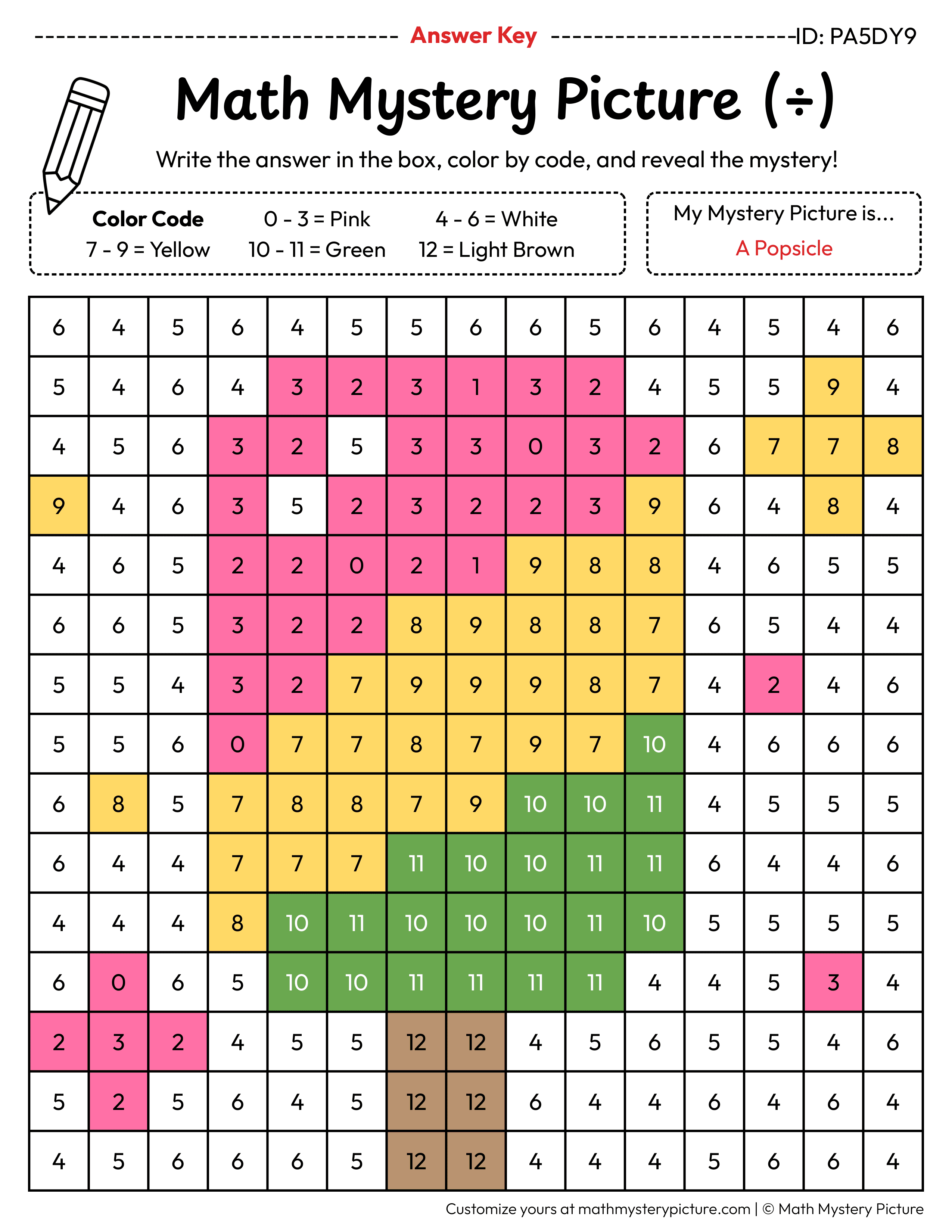 Popsicle Division Facts Math Mystery Picture Color by Number Answer Key