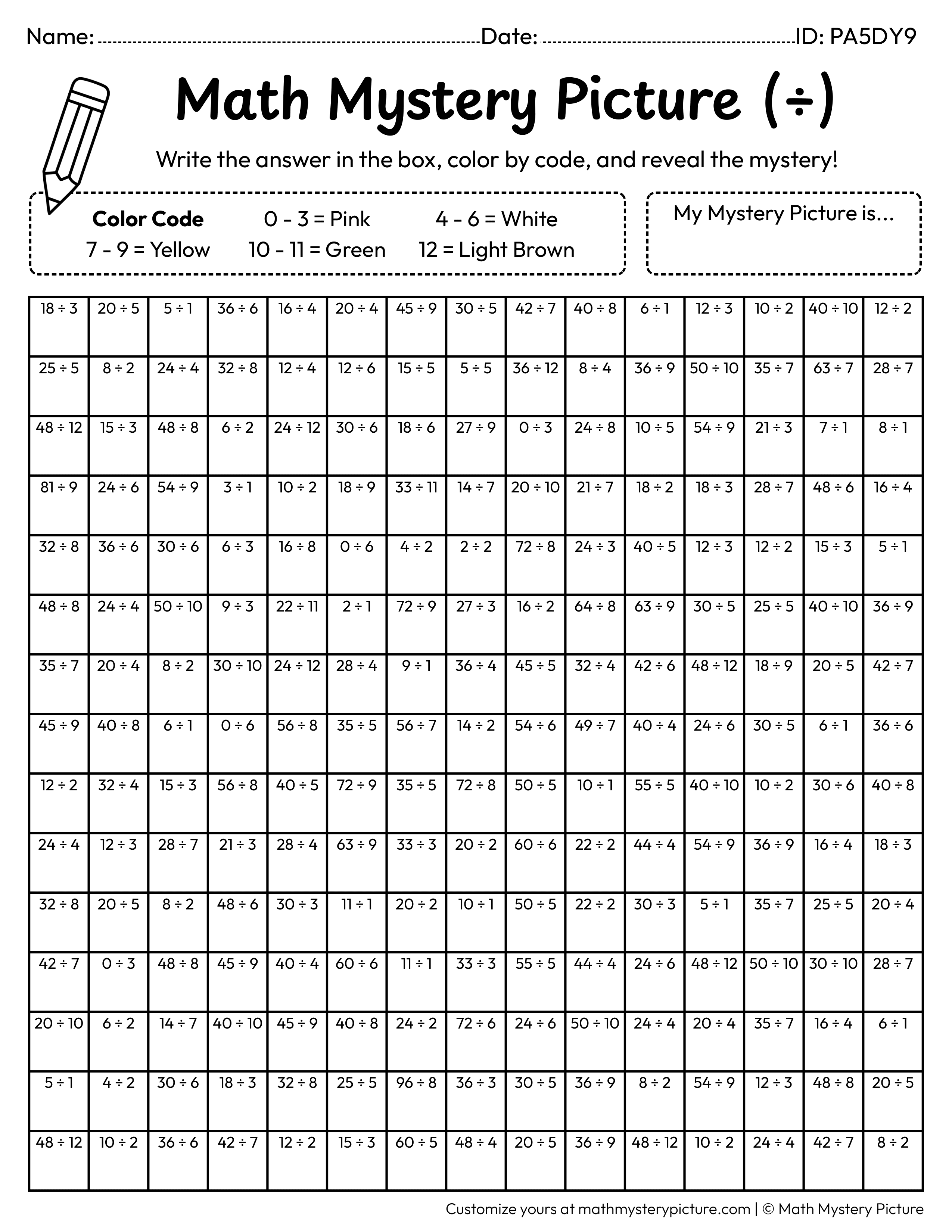 Popsicle Division Facts Math Mystery Picture Coloring Worksheet