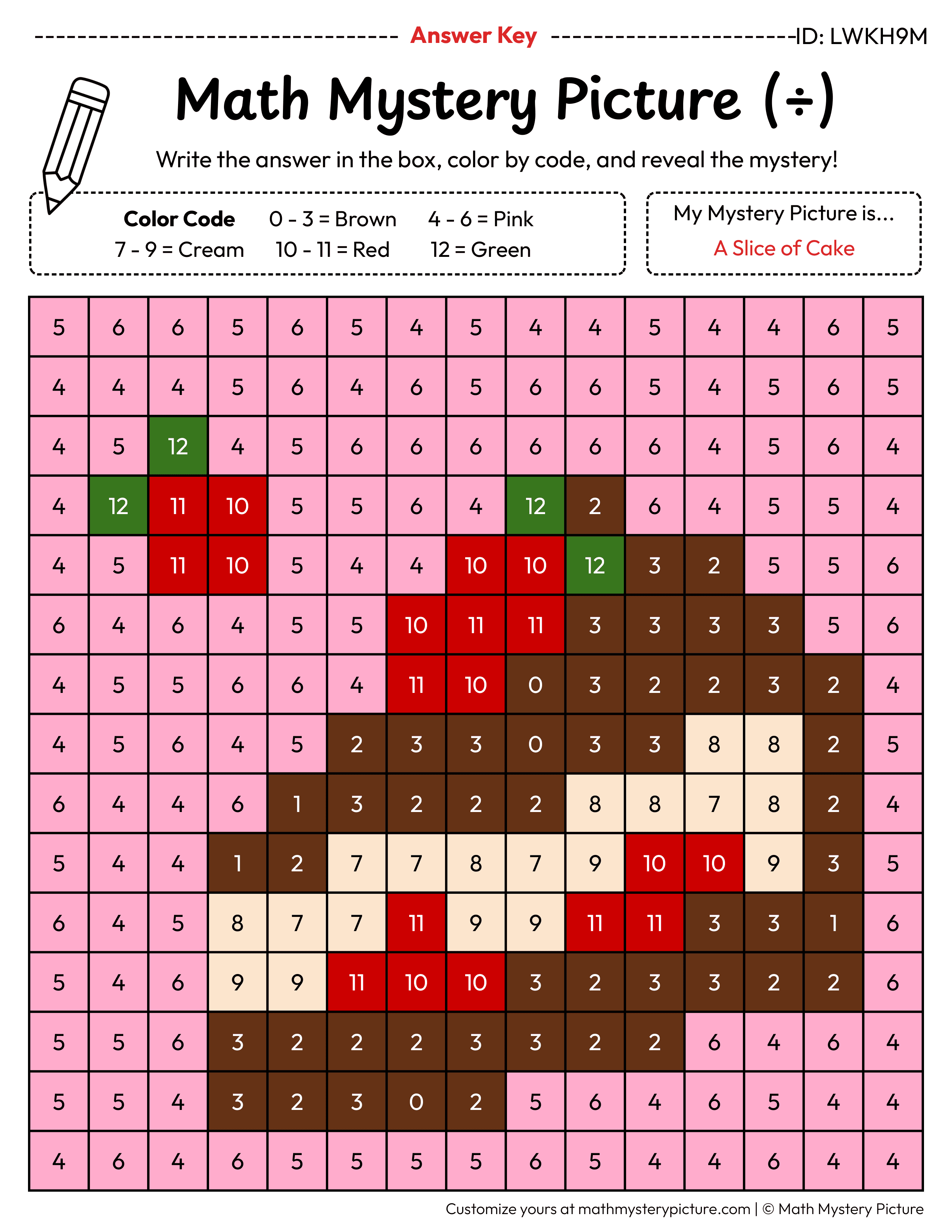 Slice of Cake Division Facts Math Mystery Picture Color by Number Answer Key