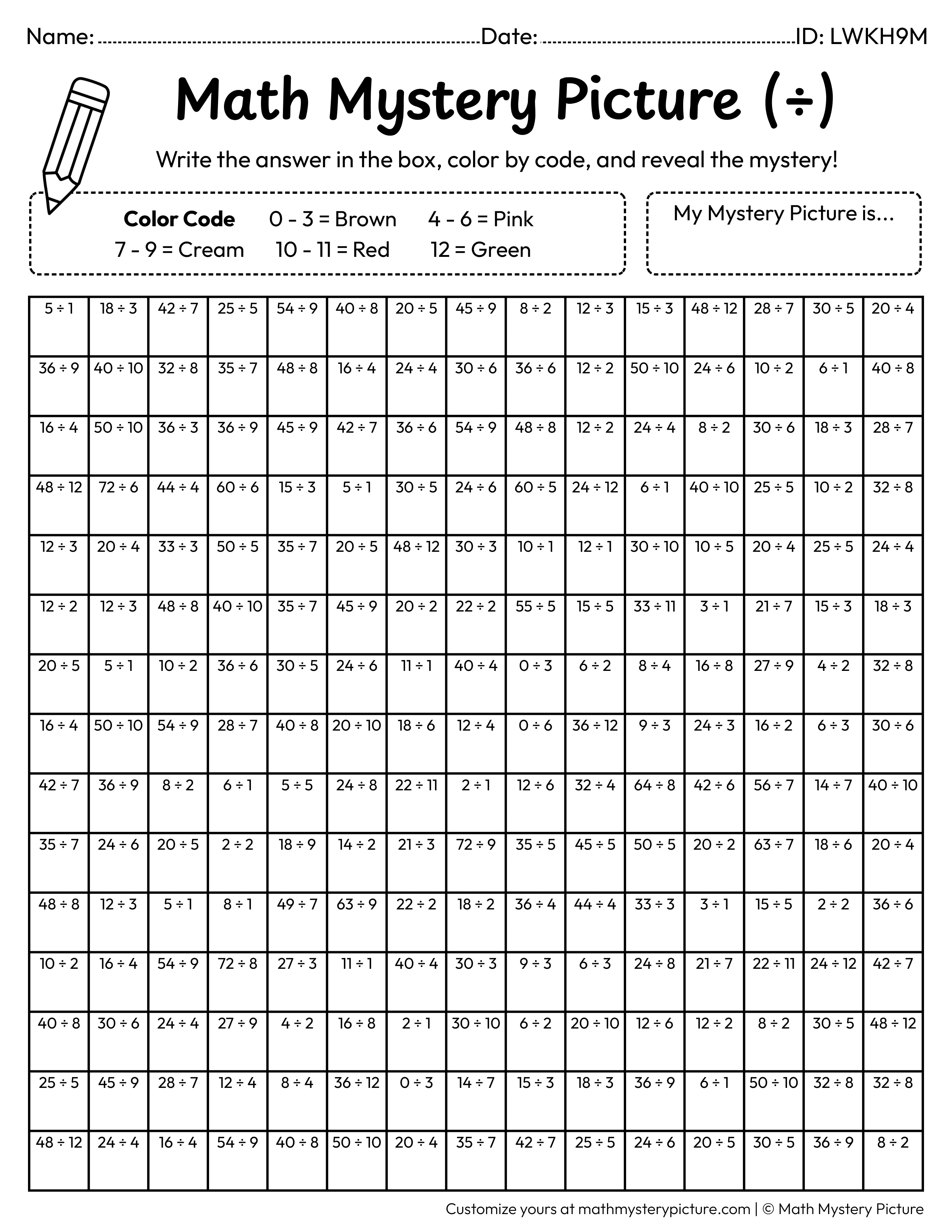 Slice of Cake Division Facts Math Mystery Picture Coloring Worksheet