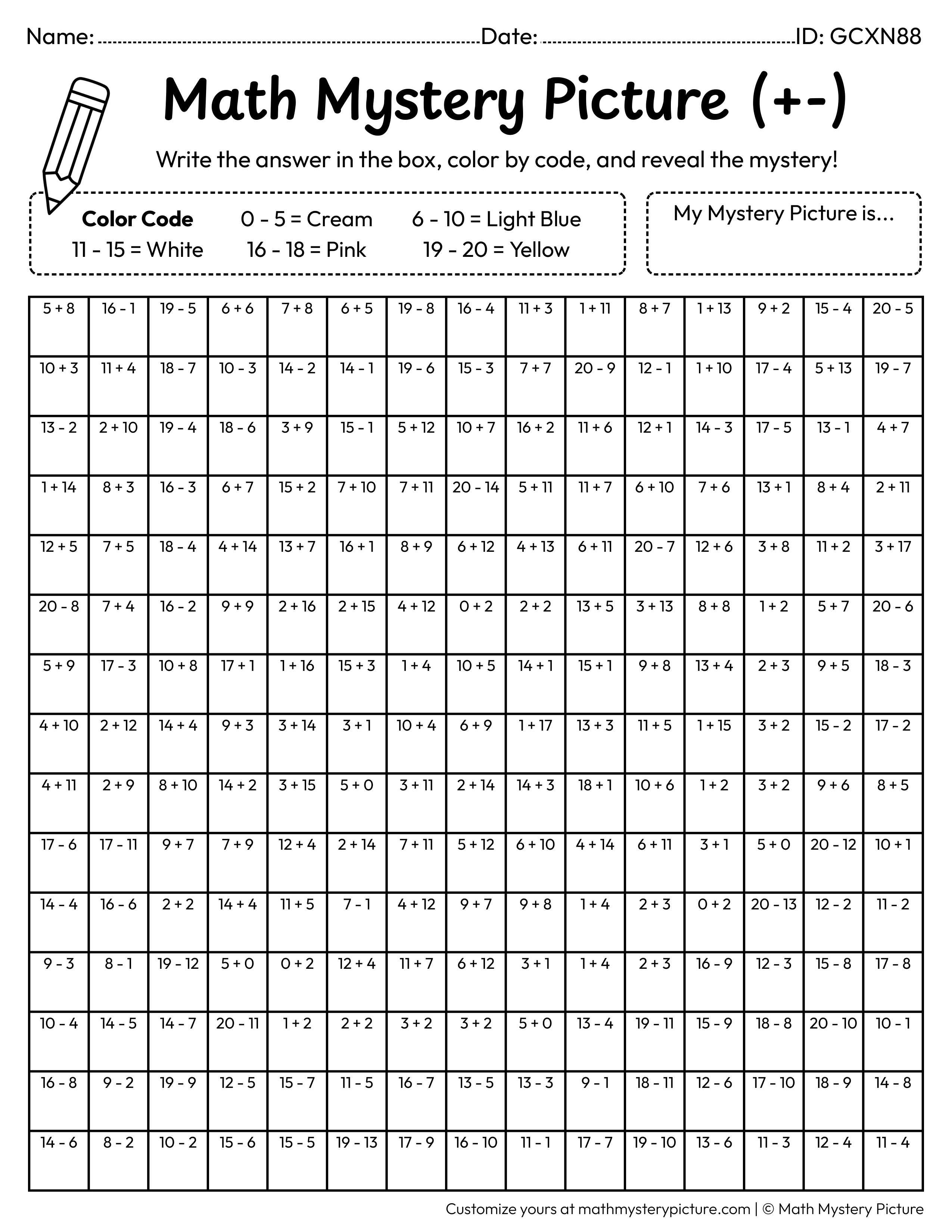 Donut Mixed Addition and Subtraction Within 20 Math Mystery Picture Coloring Worksheet