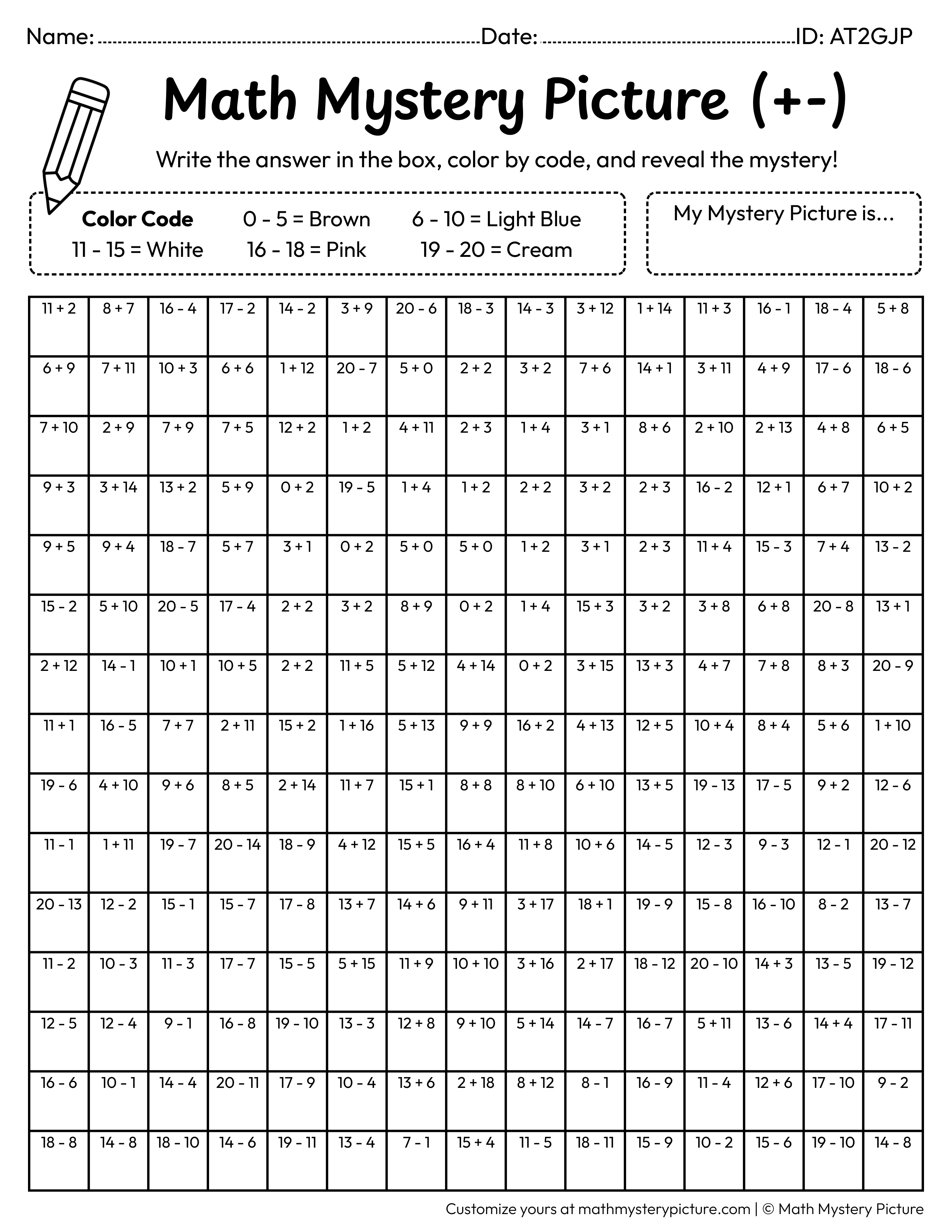 Ice Cream Cone Mixed Addition and Subtraction Within 20 Math Mystery Picture Coloring Worksheet