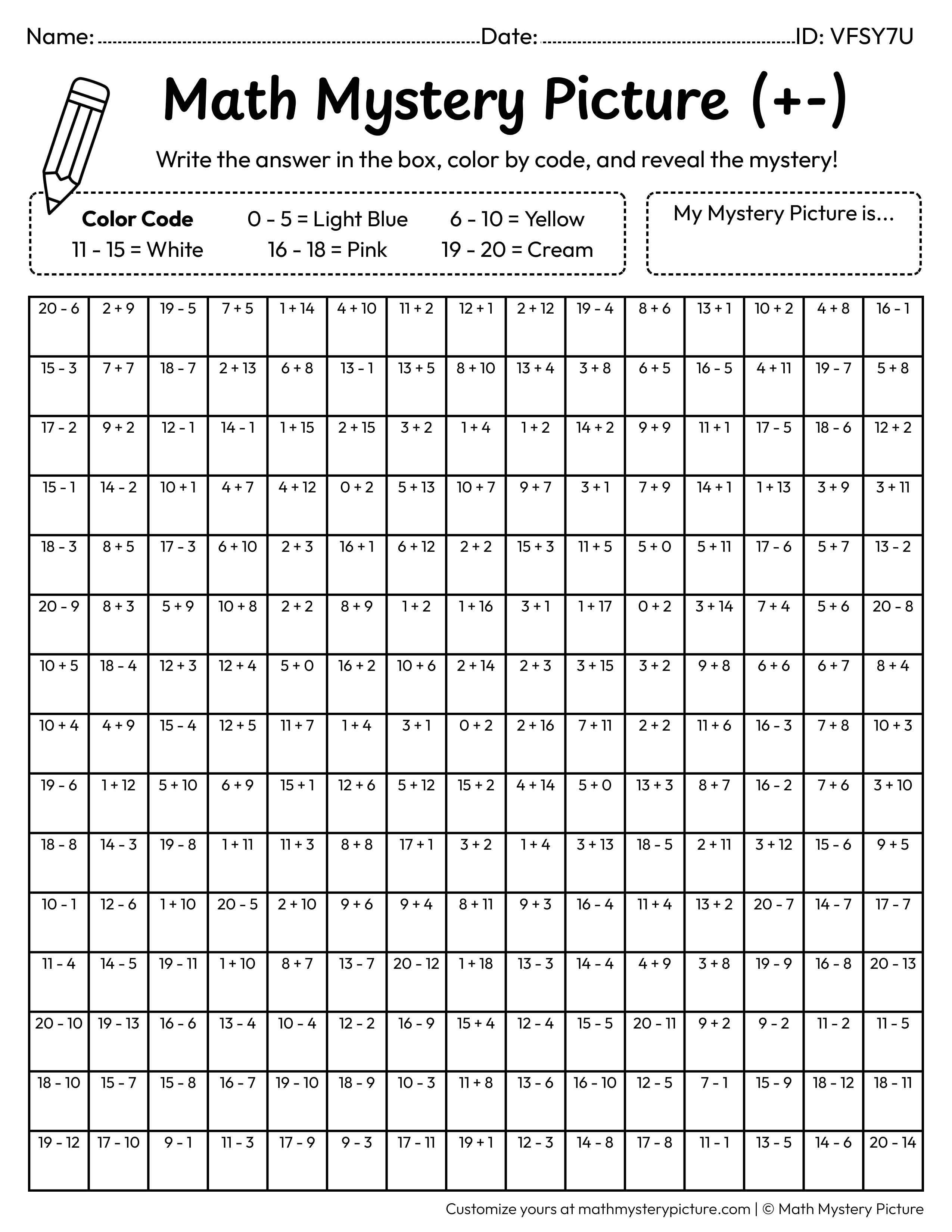Lollipop Mixed Addition and Subtraction Within 20 Math Mystery Picture Coloring Worksheet
