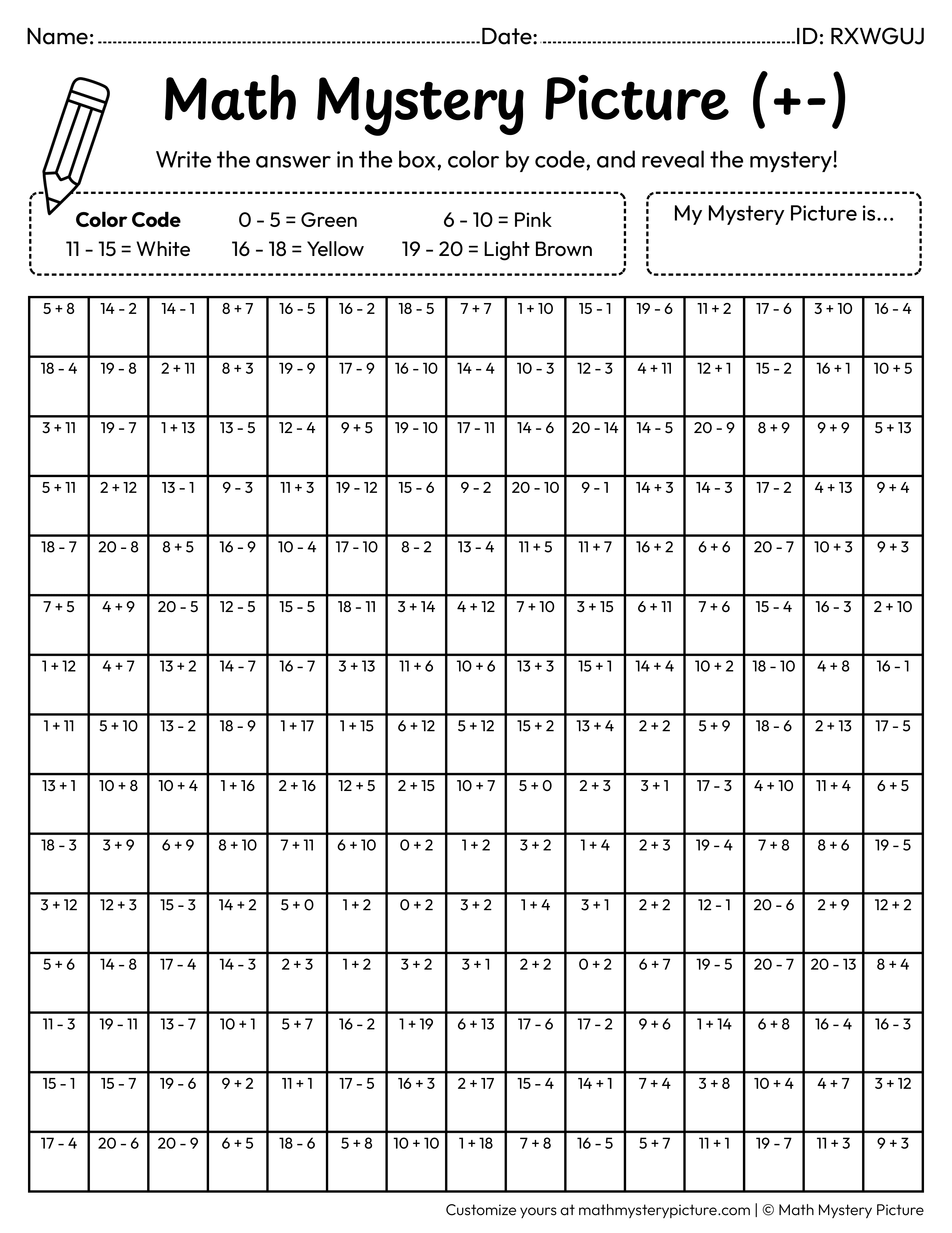Popsicle Mixed Addition and Subtraction Within 20 Math Mystery Picture Coloring Worksheet