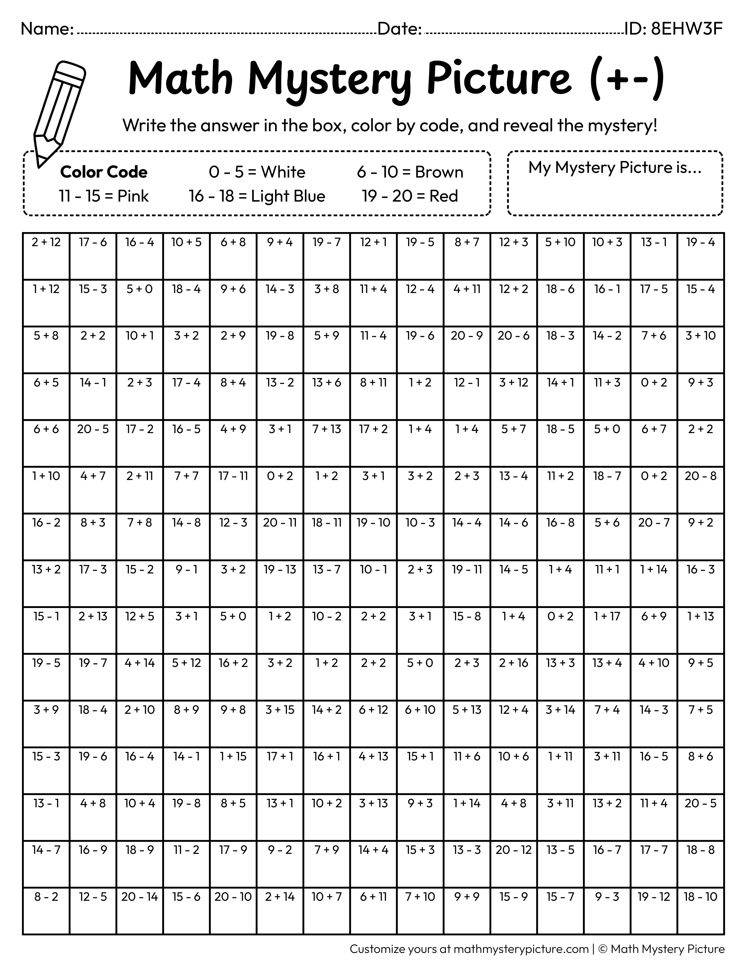 Sundae Mixed Addition and Subtraction Within 20 Math Mystery Picture Coloring Worksheet