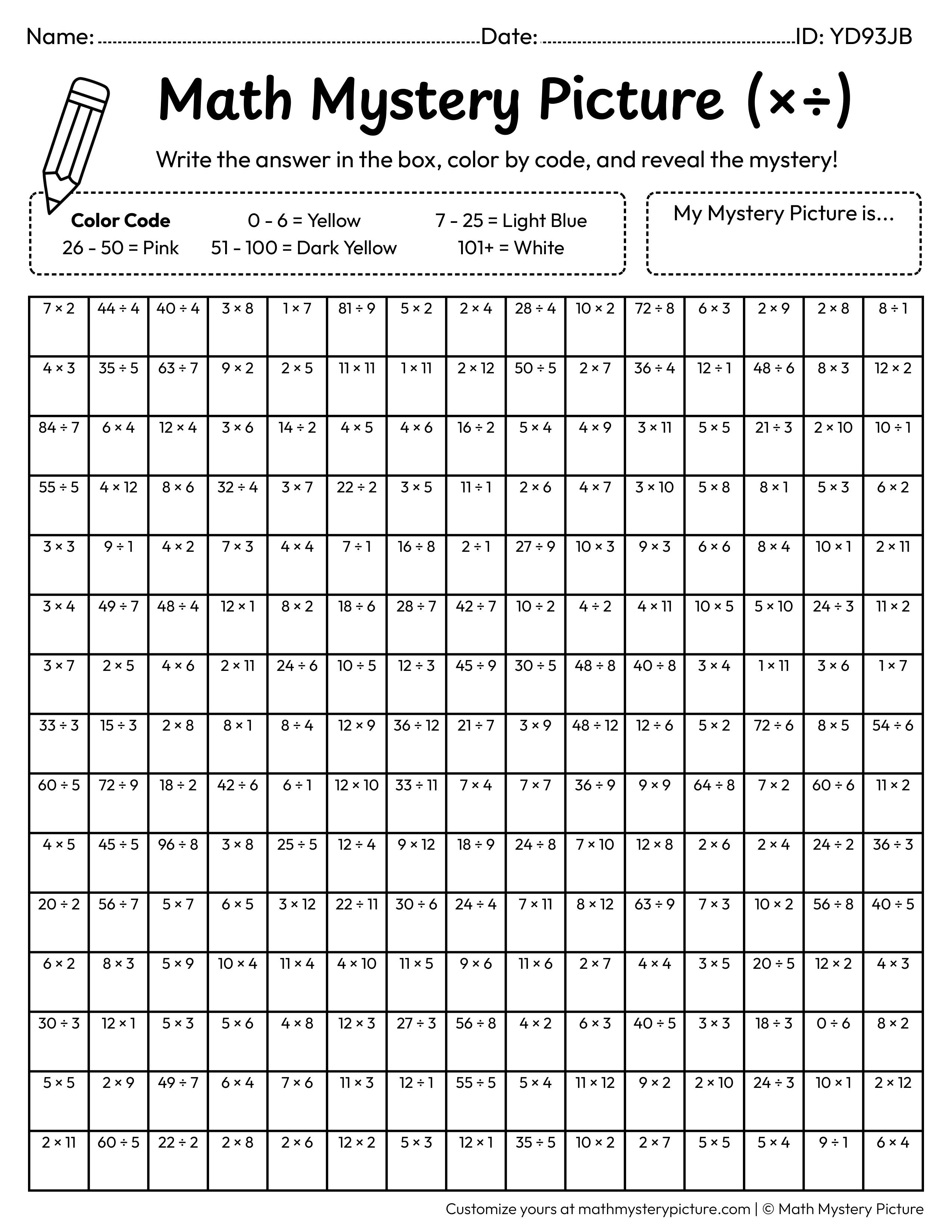 Candy Mixed Multiplication and Division Facts Math Mystery Picture Coloring Worksheet