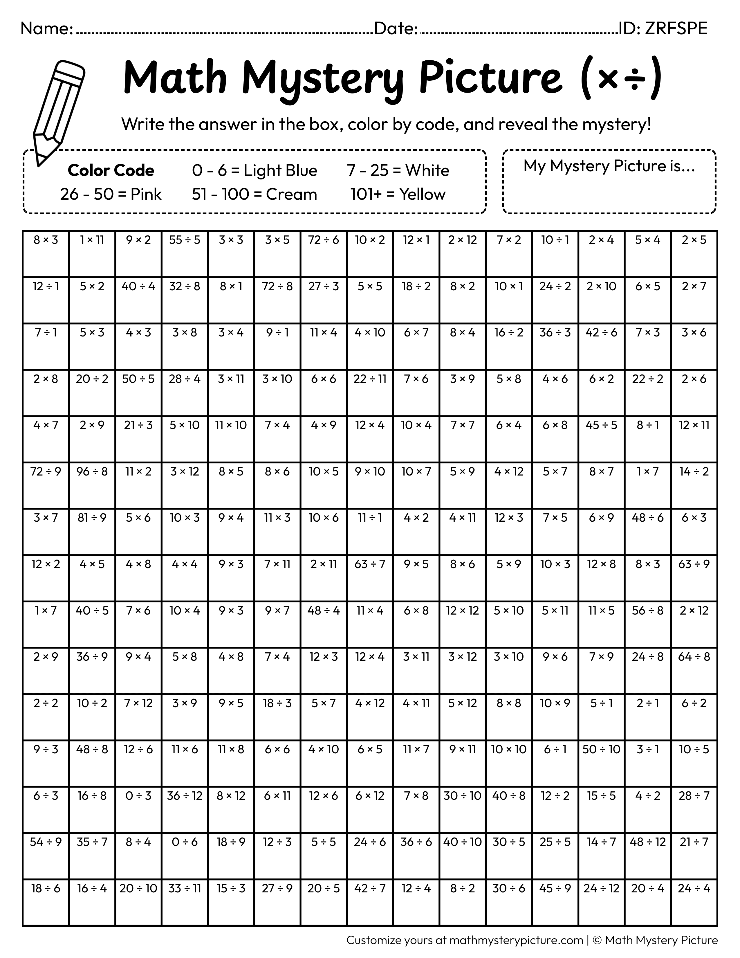 Donut Mixed Multiplication and Division Facts Math Mystery Picture Coloring Worksheet