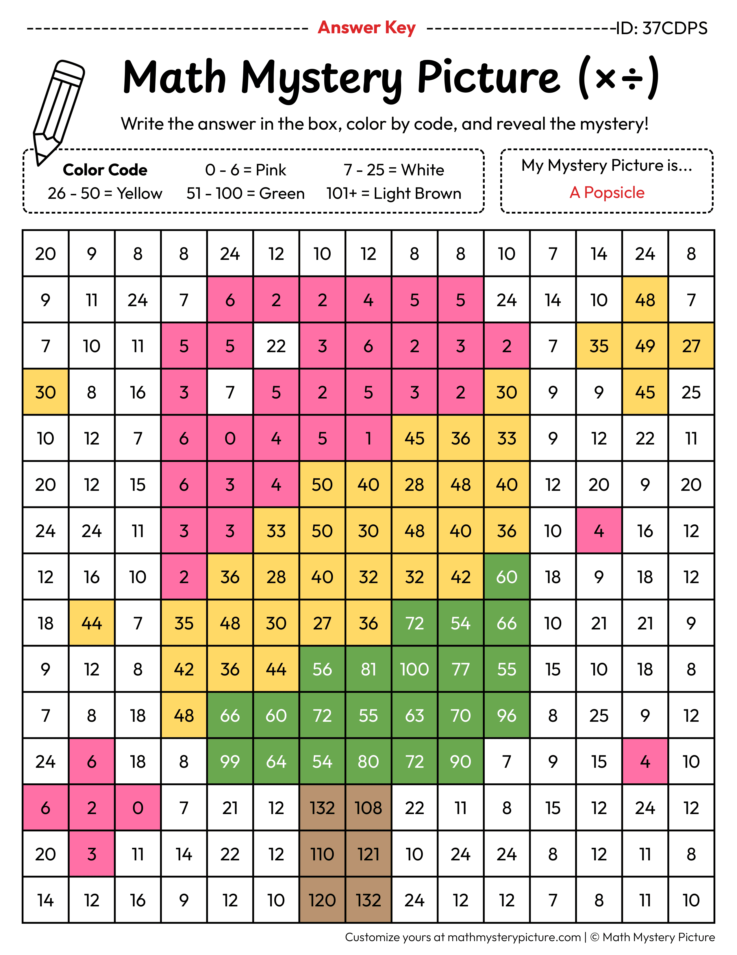 Popsicle Mixed Multiplication and Division Facts Math Mystery Picture Color by Number Answer Key