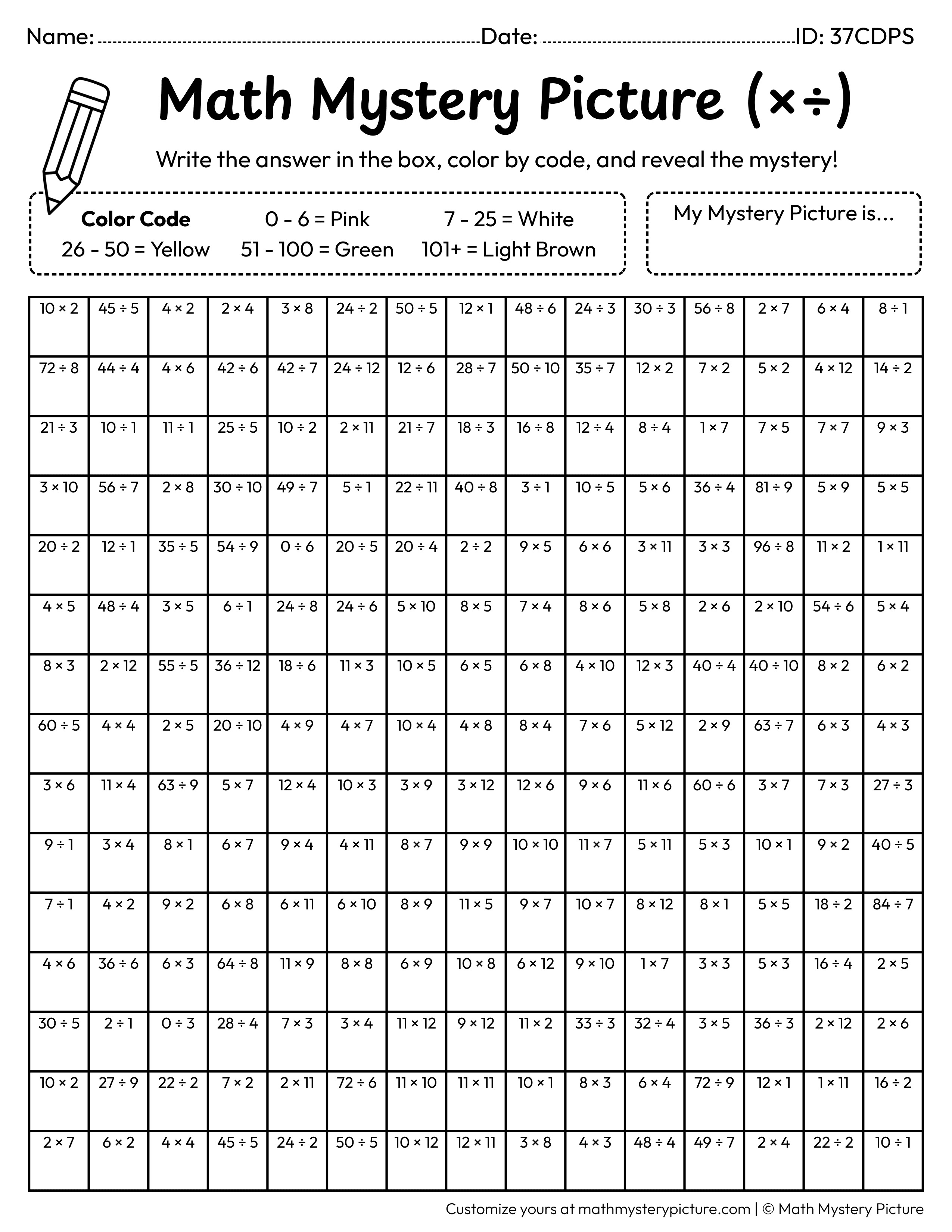 Popsicle Mixed Multiplication and Division Facts Math Mystery Picture Coloring Worksheet