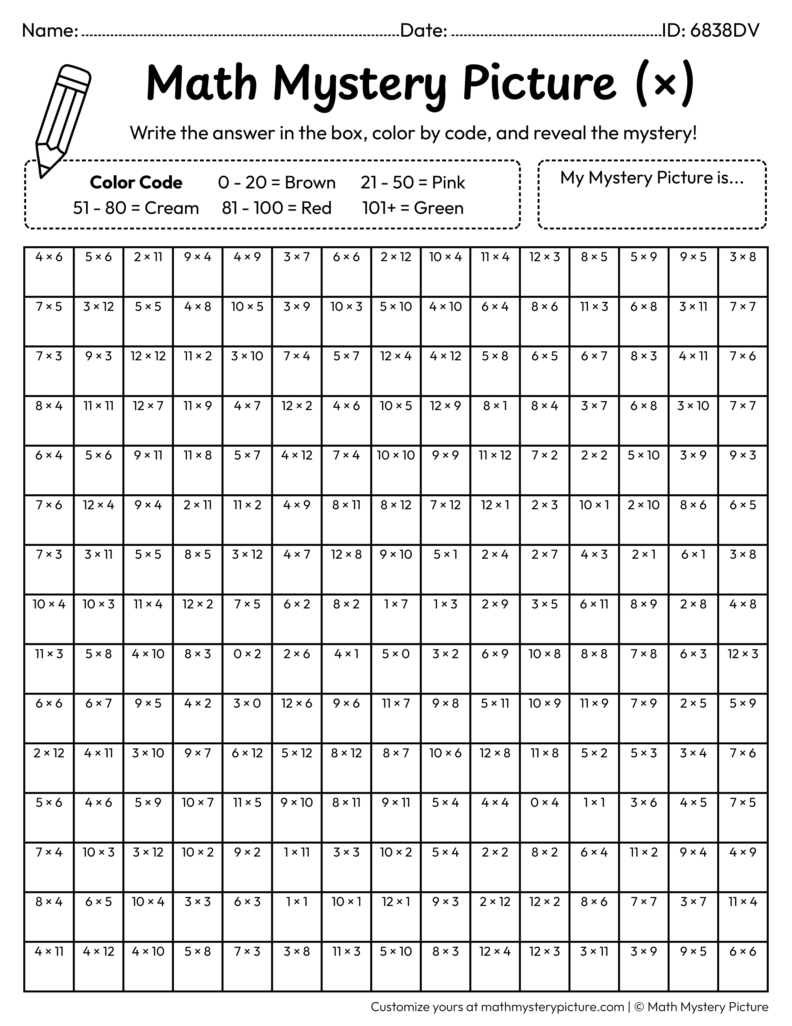 Slice of Cake Multiplication Facts Math Mystery Picture Coloring Worksheet