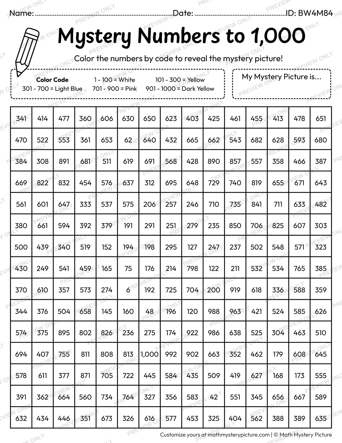 Candy Numbers to 1,000 Math Mystery Picture Coloring Worksheet