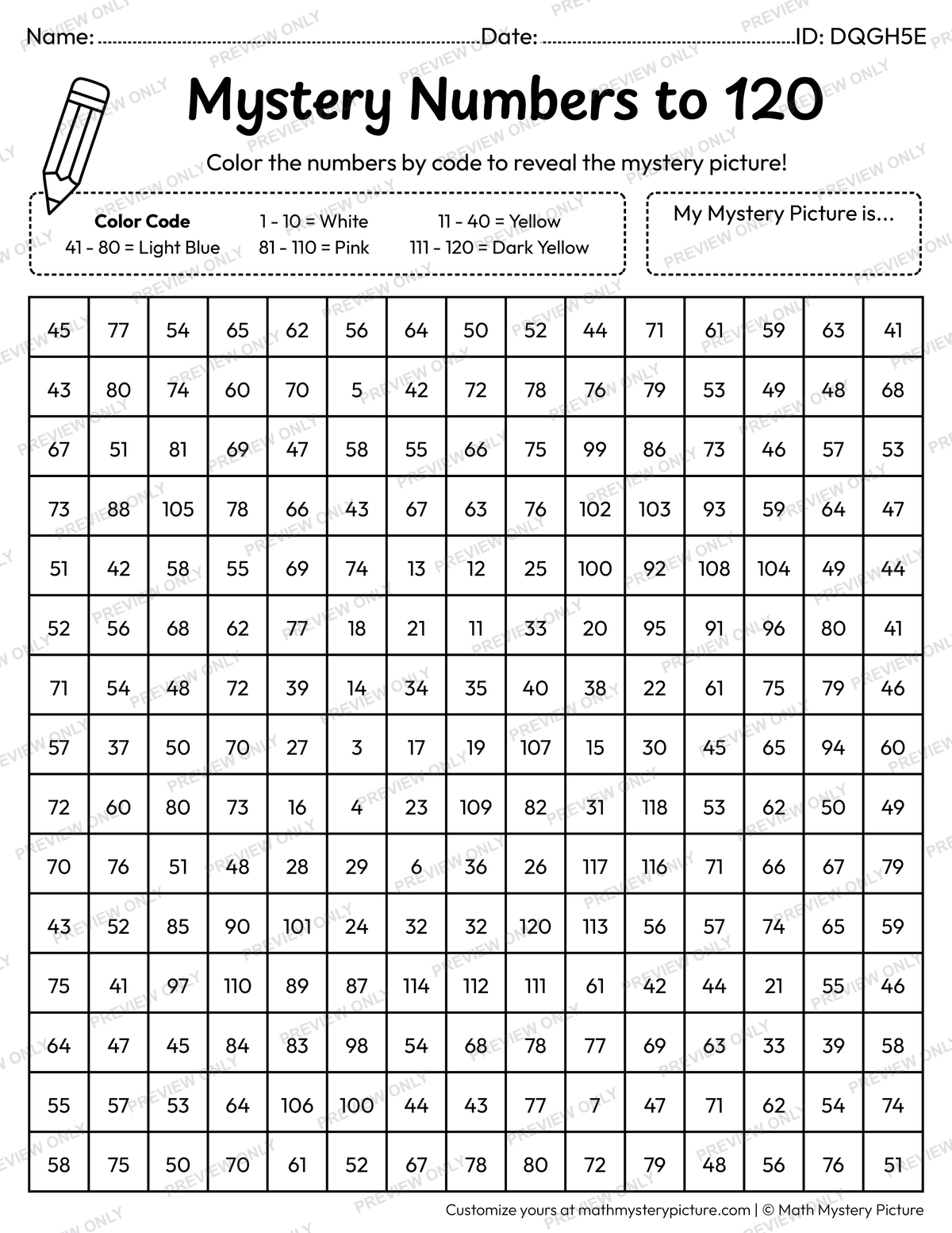 Candy Numbers to 120 Math Mystery Picture Coloring Worksheet