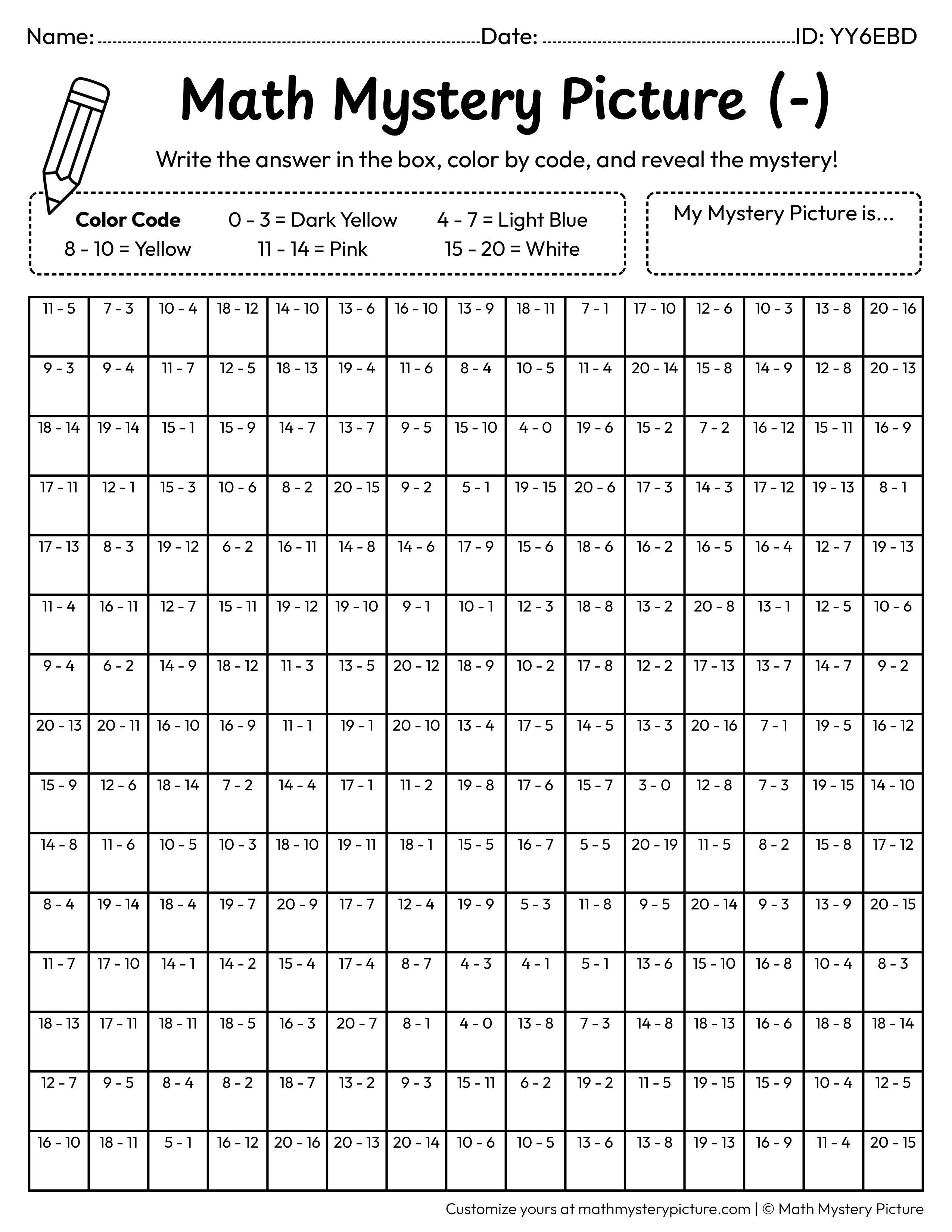 Candy Subtraction Within 20 Math Mystery Picture Coloring Worksheet