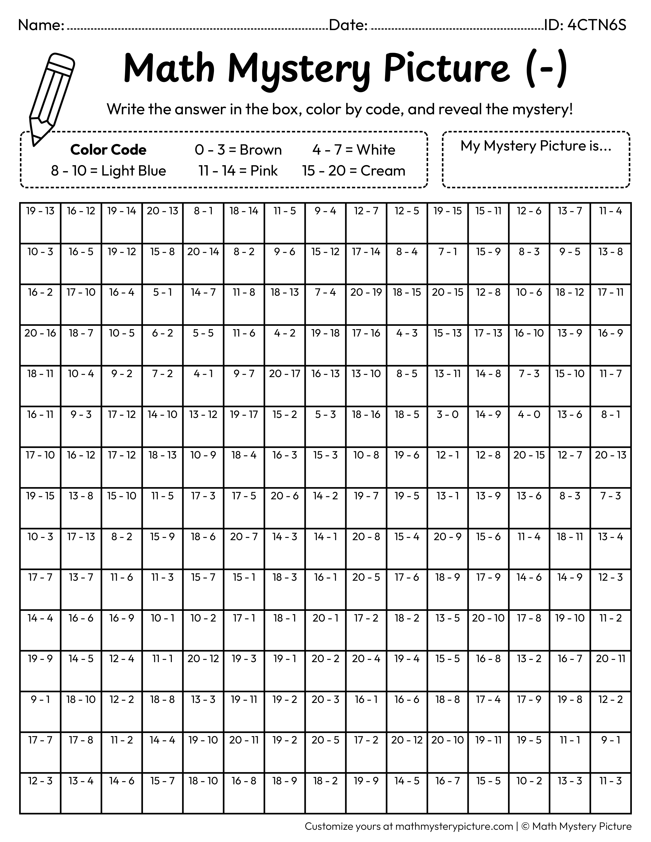 Ice Cream Cone Subtraction Within 20 Math Mystery Picture Coloring Worksheet