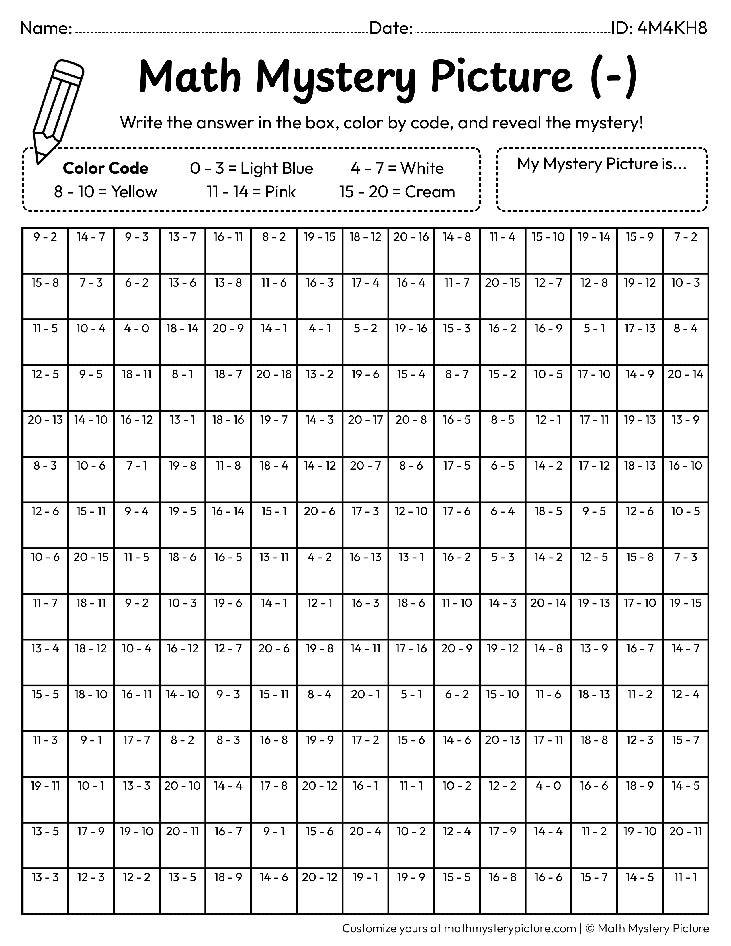 Lollipop Subtraction Within 20 Math Mystery Picture Coloring Worksheet