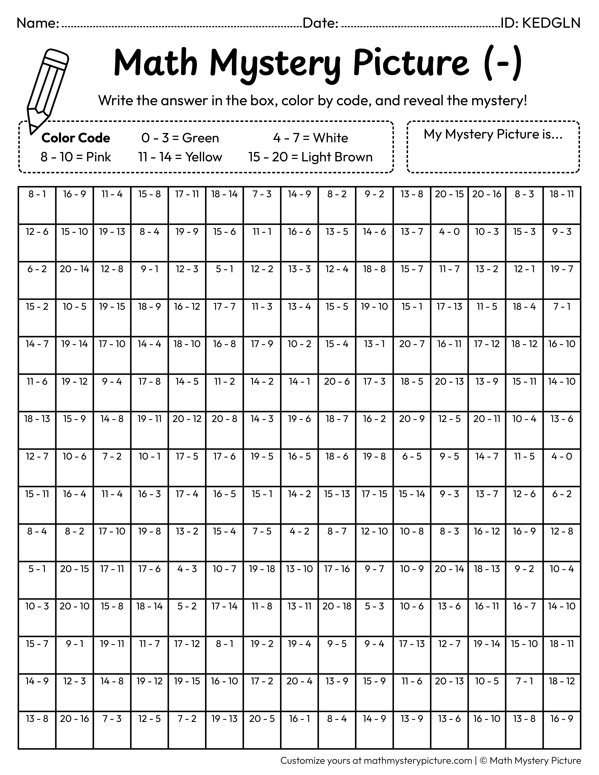 Popsicle Subtraction Within 20 Math Mystery Picture Coloring Worksheet