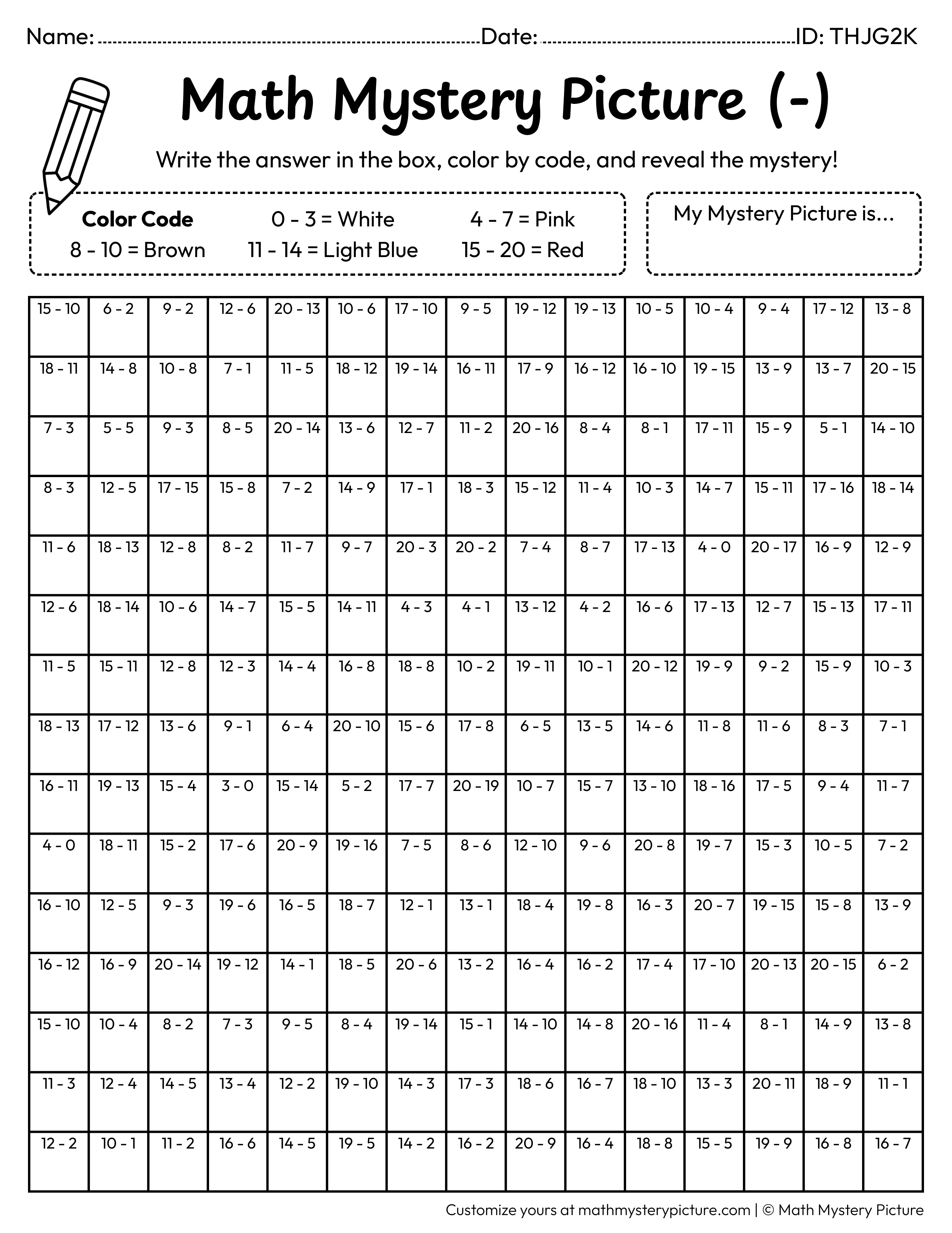 Sundae Subtraction Within 20 Math Mystery Picture Coloring Worksheet
