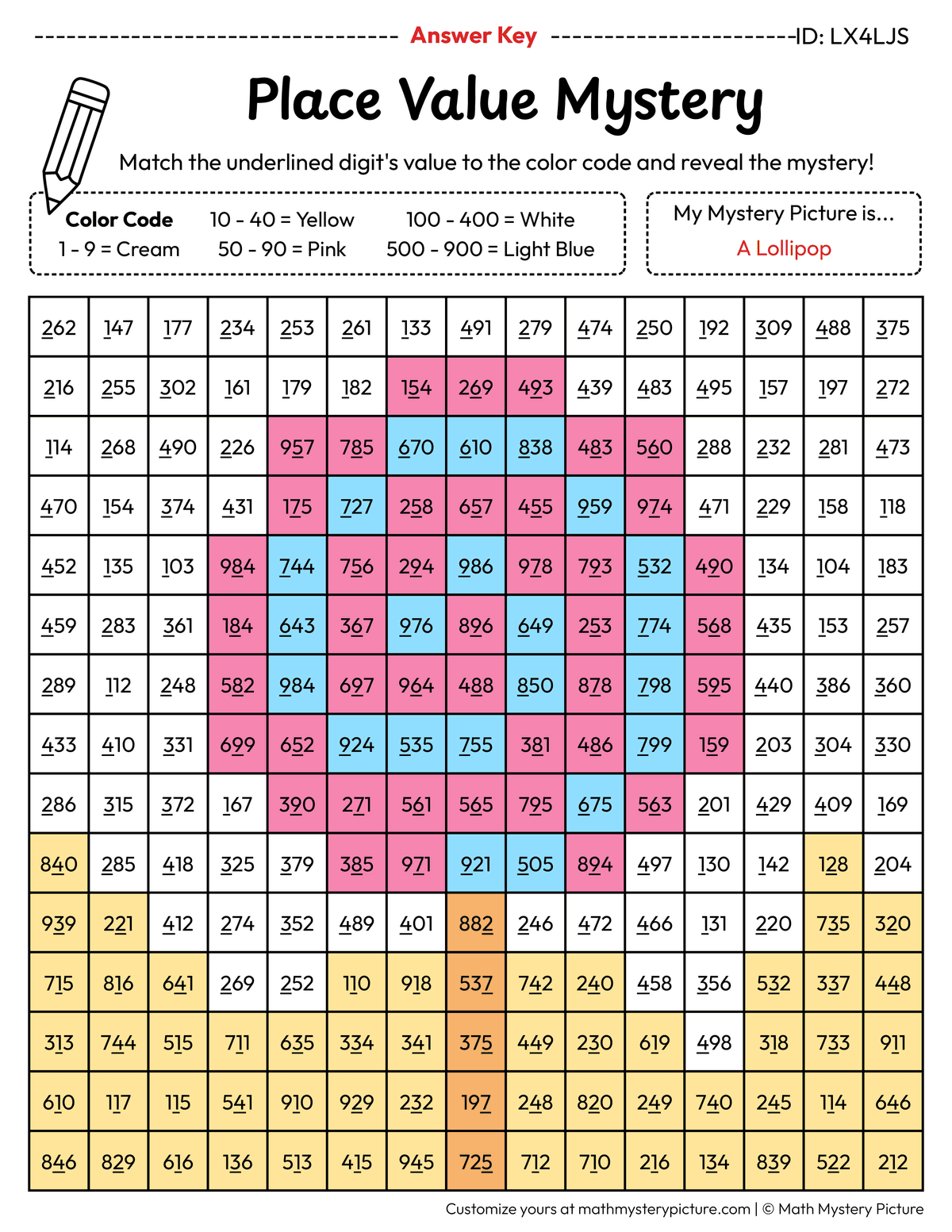 Lollipop Value of Underlined Digit Math Mystery Picture Color by Number Answer Key