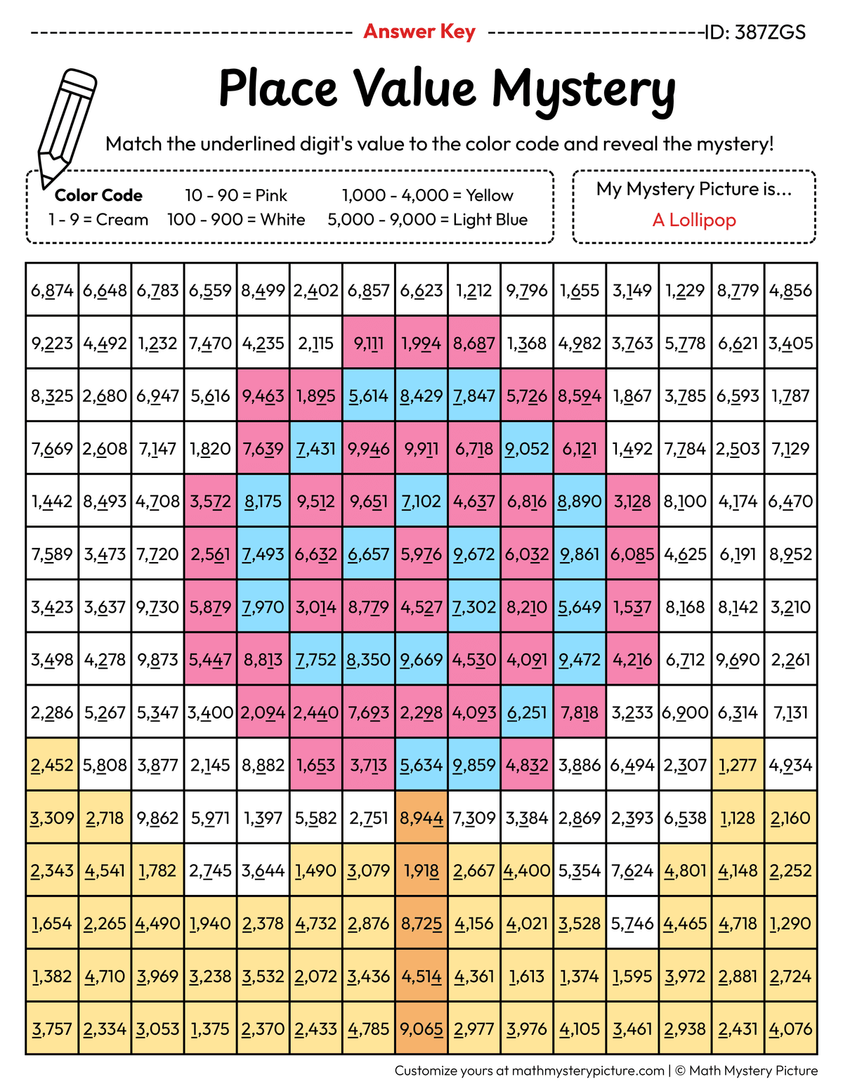 Lollipop Value of Underlined Digit Math Mystery Picture Color by Number Answer Key