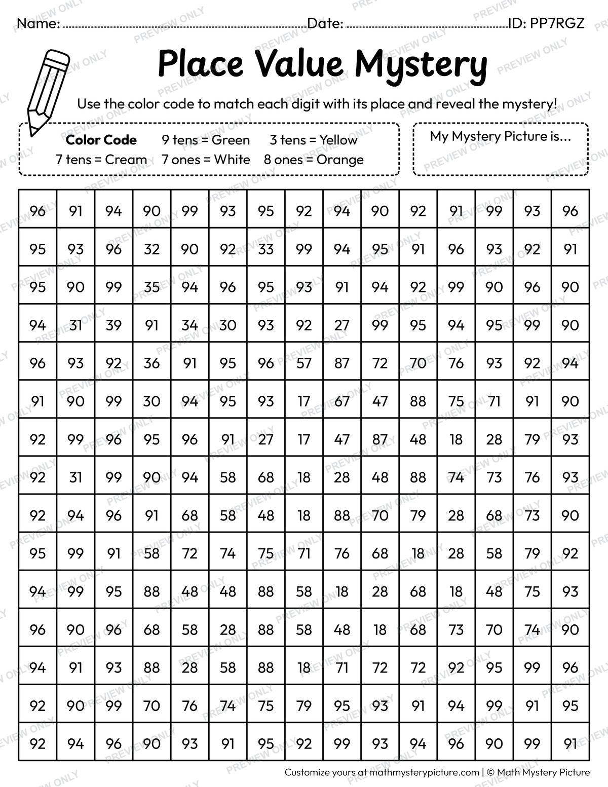 Thanksgiving Pumpkin Pie 2-digit Place Value Math Mystery Picture Coloring Worksheet