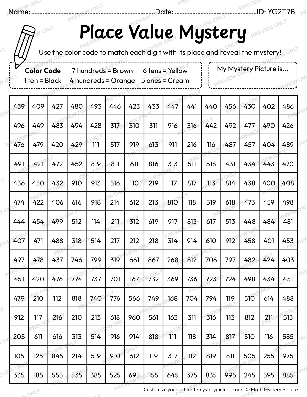 Thanksgiving Pilgrim Hat 3-digit Place Value Math Mystery Picture Coloring Worksheet