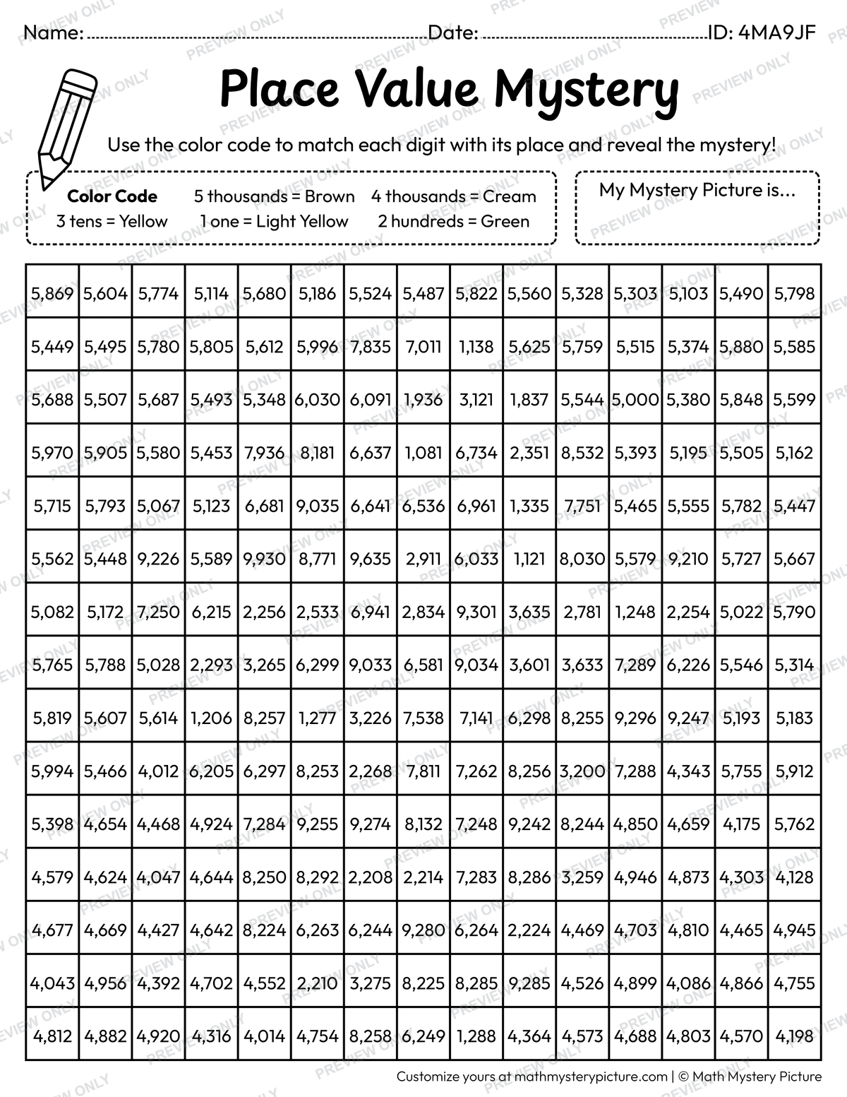 Thanksgiving Corn 4-digit Place Value Math Mystery Picture Coloring Worksheet