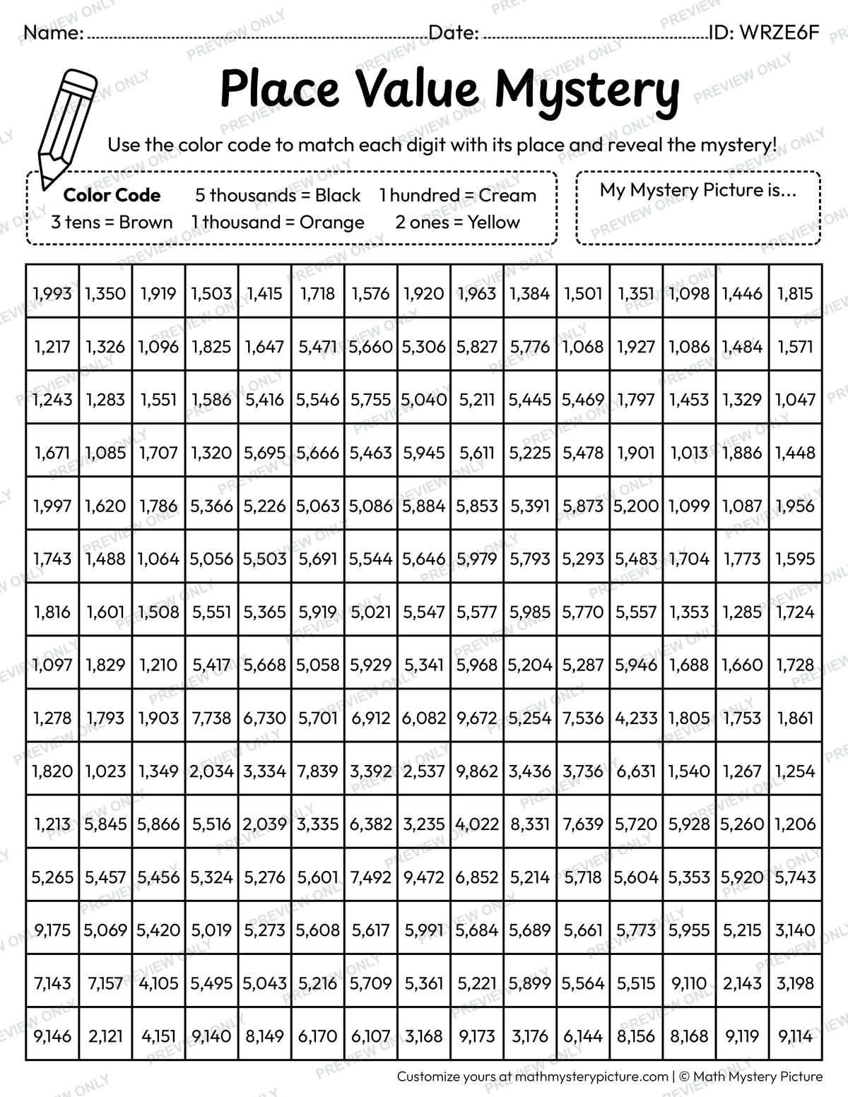Thanksgiving Pilgrim Hat 4-digit Place Value Math Mystery Picture Coloring Worksheet