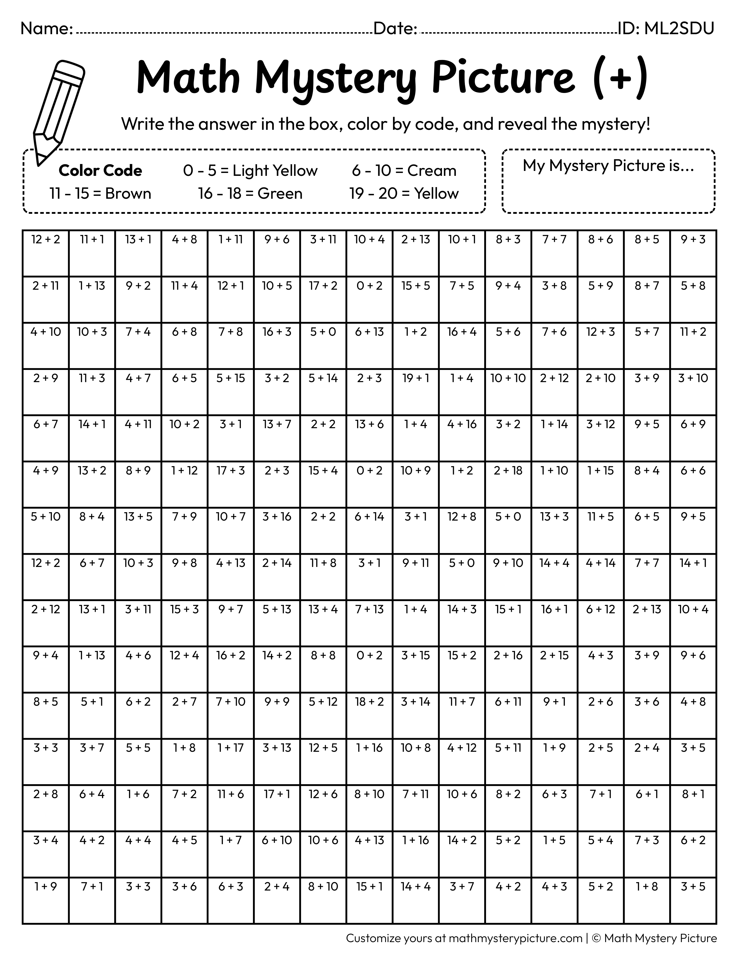 Thanksgiving Corn Addition Within 20 Math Mystery Picture Coloring Worksheet