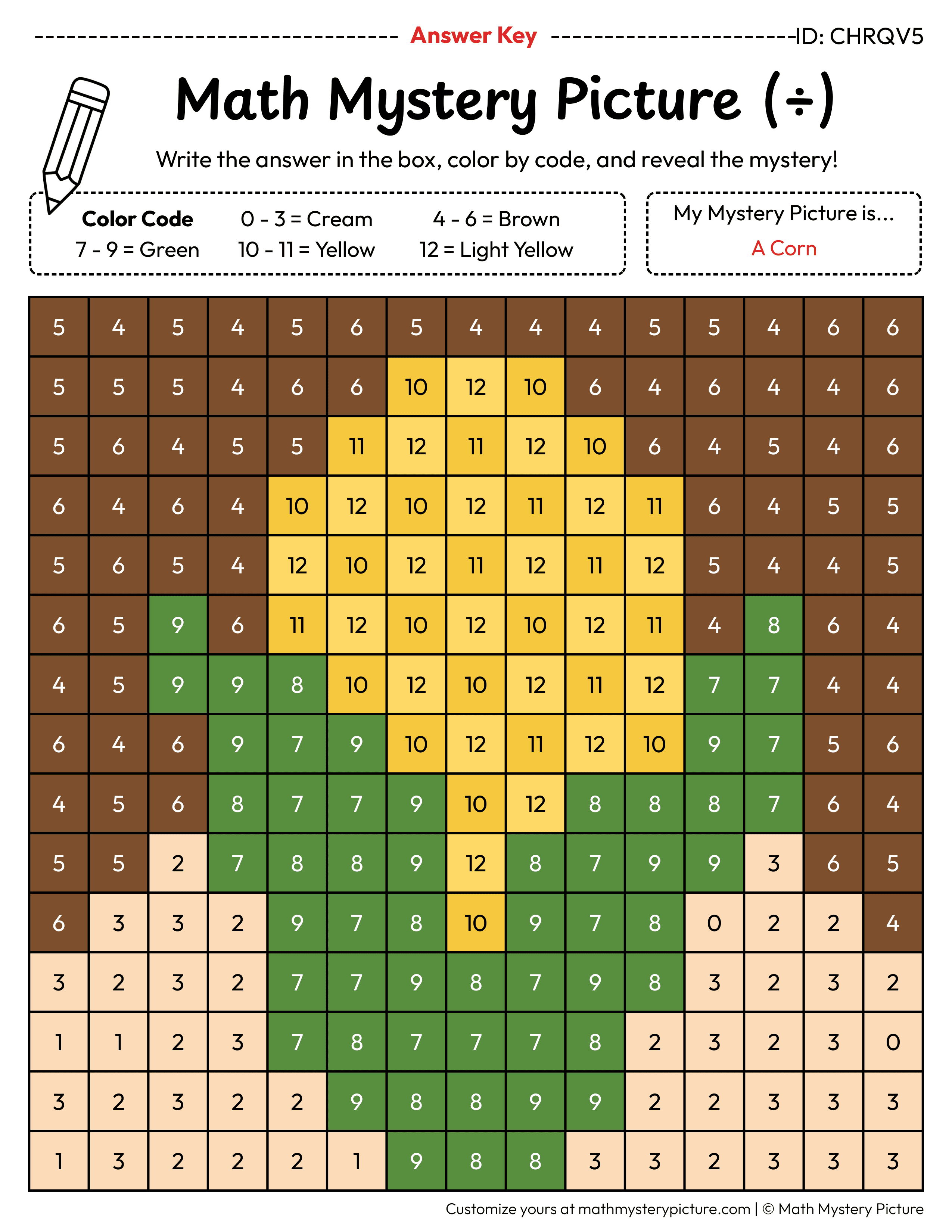 Thanksgiving Corn Division Facts Math Mystery Picture Color by Number Answer Key