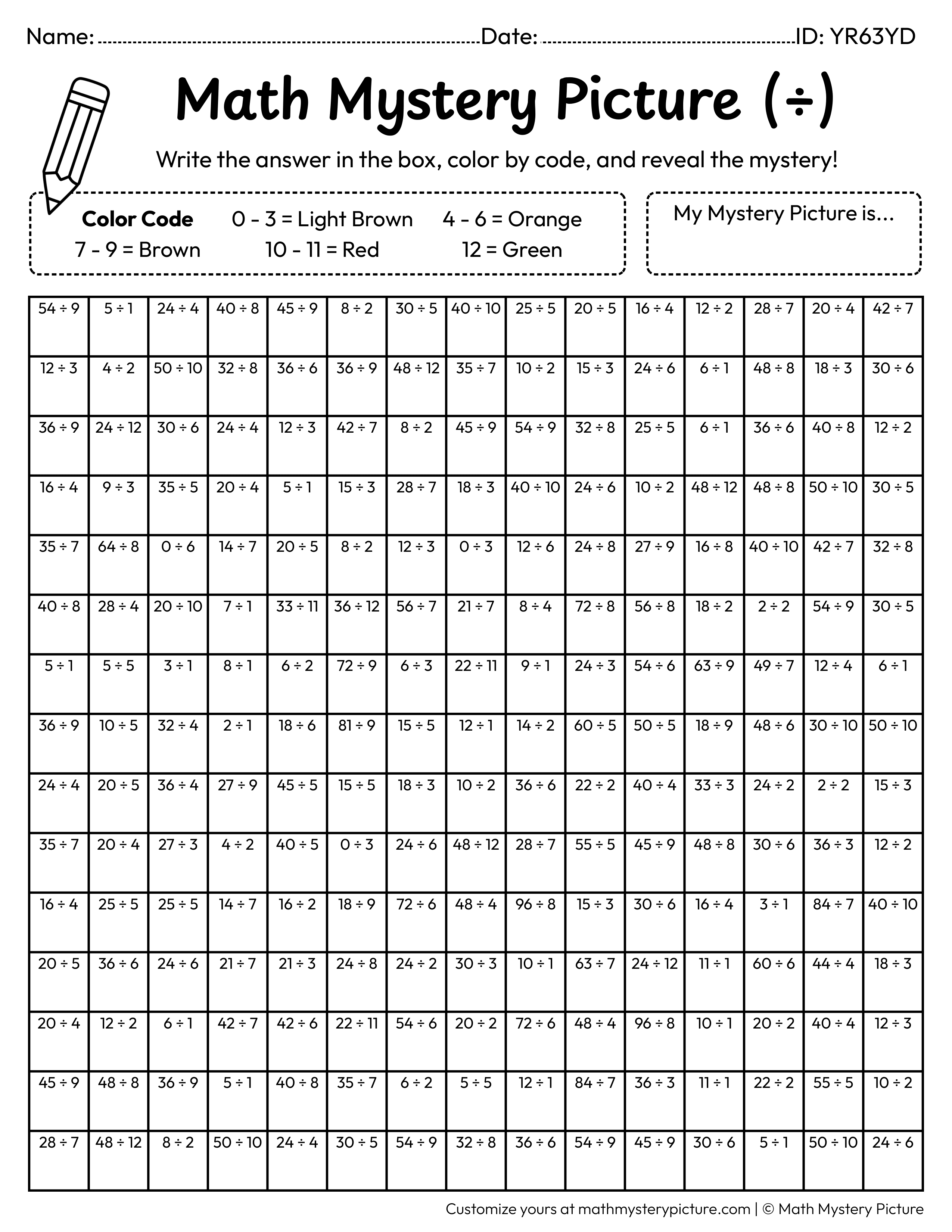Thanksgiving Cornucopia Division Facts Math Mystery Picture Coloring Worksheet