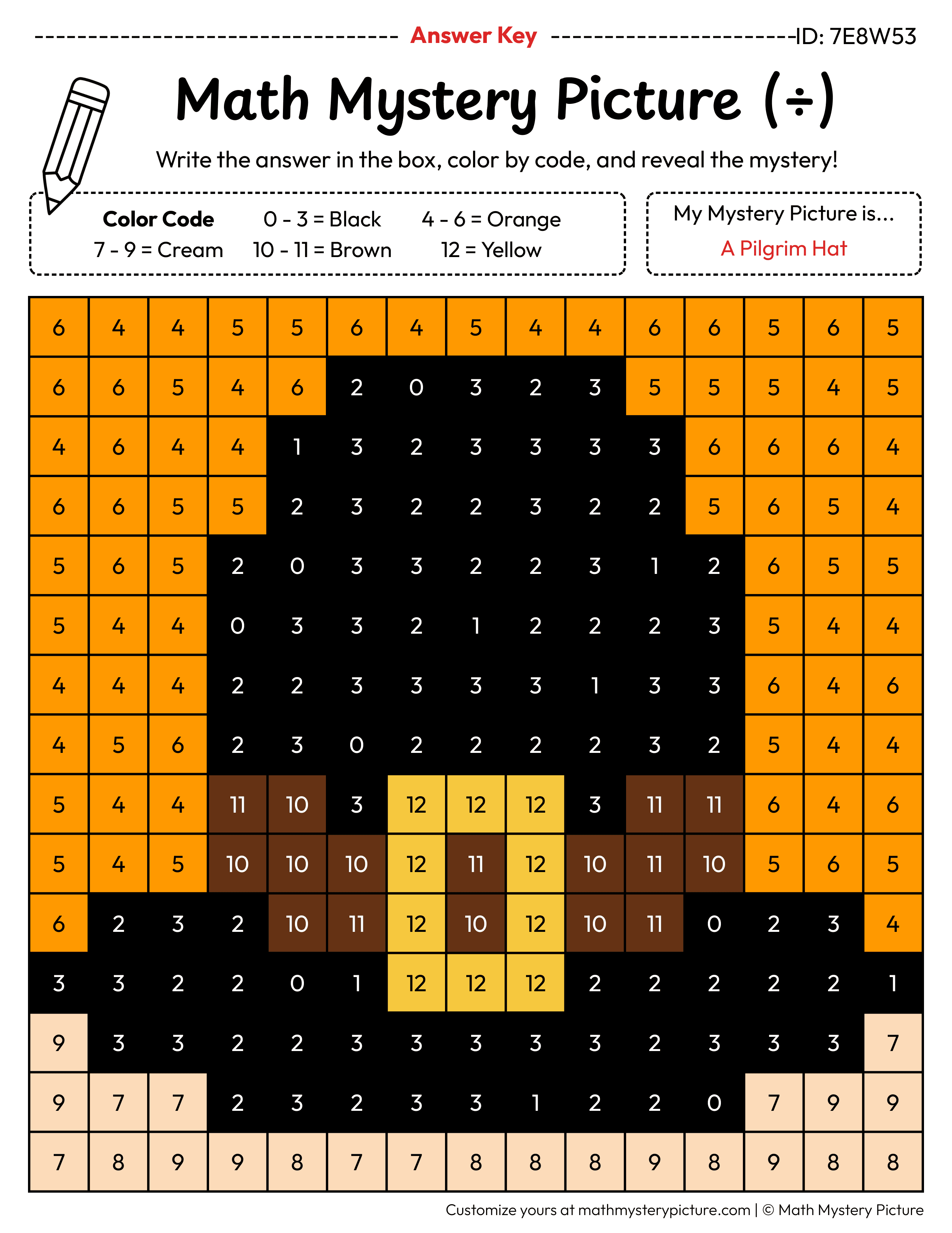 Thanksgiving Pilgrim Hat Division Facts Math Mystery Picture Color by Number Answer Key
